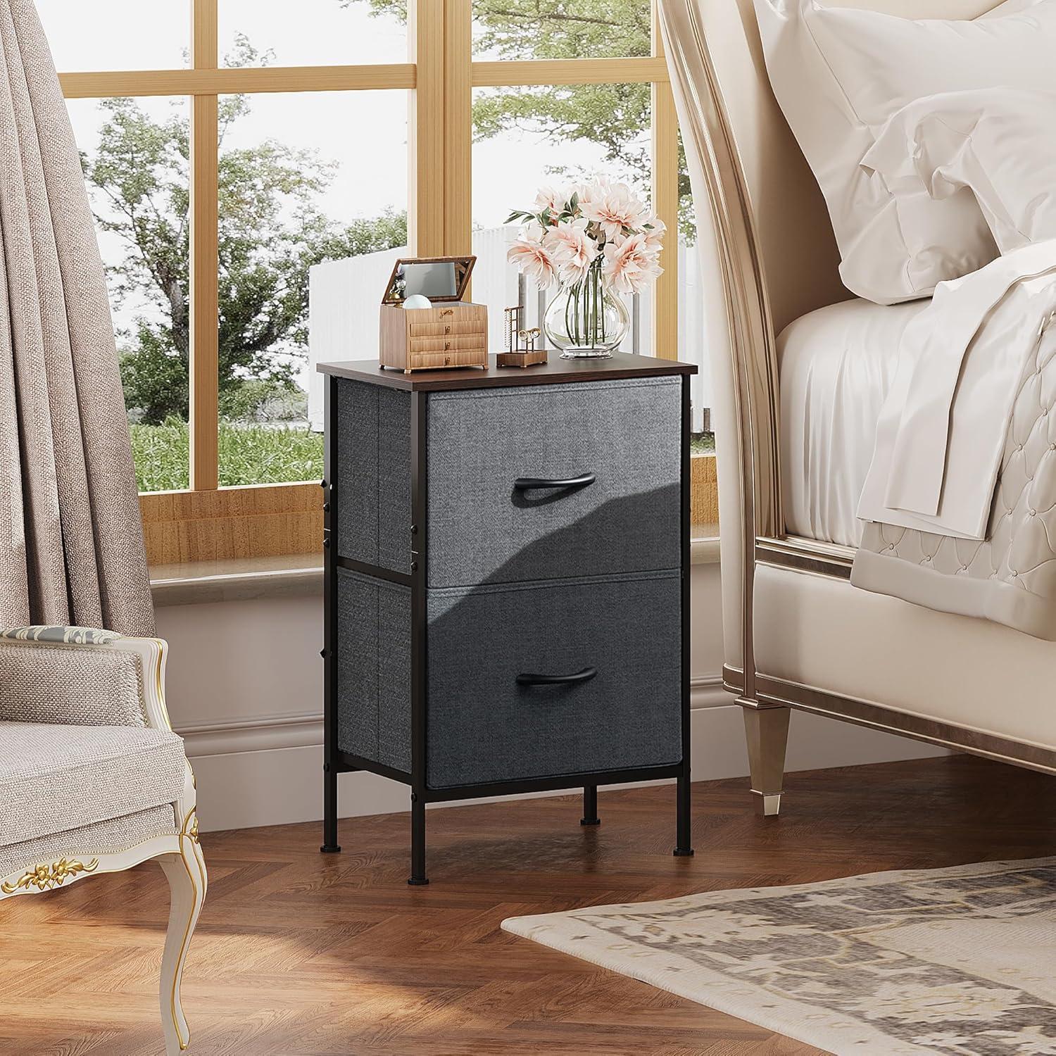 WLIVE Nightstand, 2 Drawer Dresser for Bedroom, Small Dresser with 2 Drawers, Bedside Furniture, Night Stand, End Table with Fabric Bins for Bedroom, Closet, Entryway, College Dorm, Dark Grey
