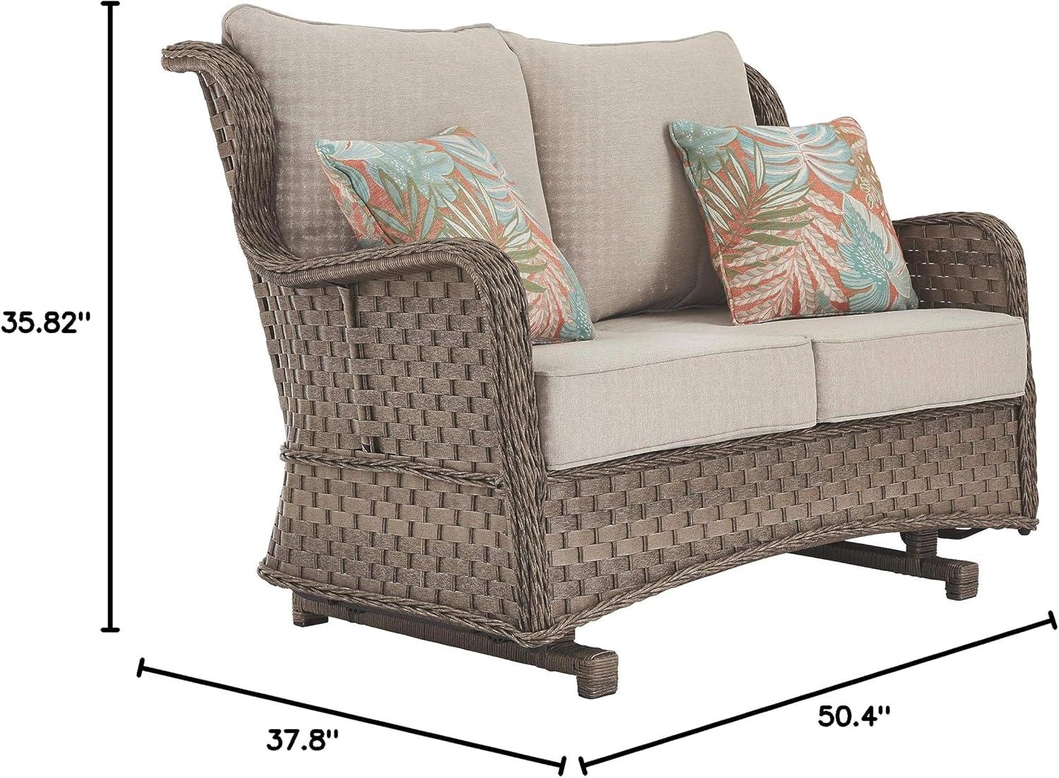 Beige Wicker and Plastic Outdoor Glider Loveseat with Cushions