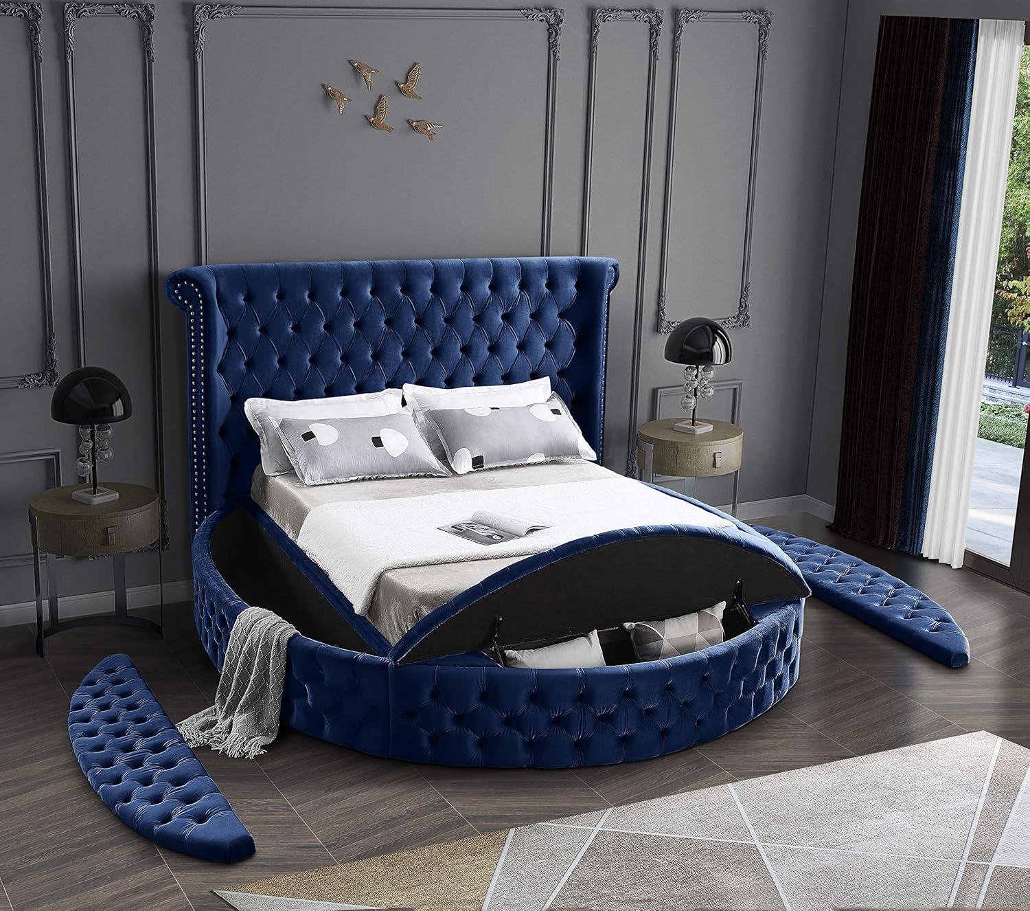 Luxus Navy Velvet Queen Bed with Tufted Upholstered Headboard