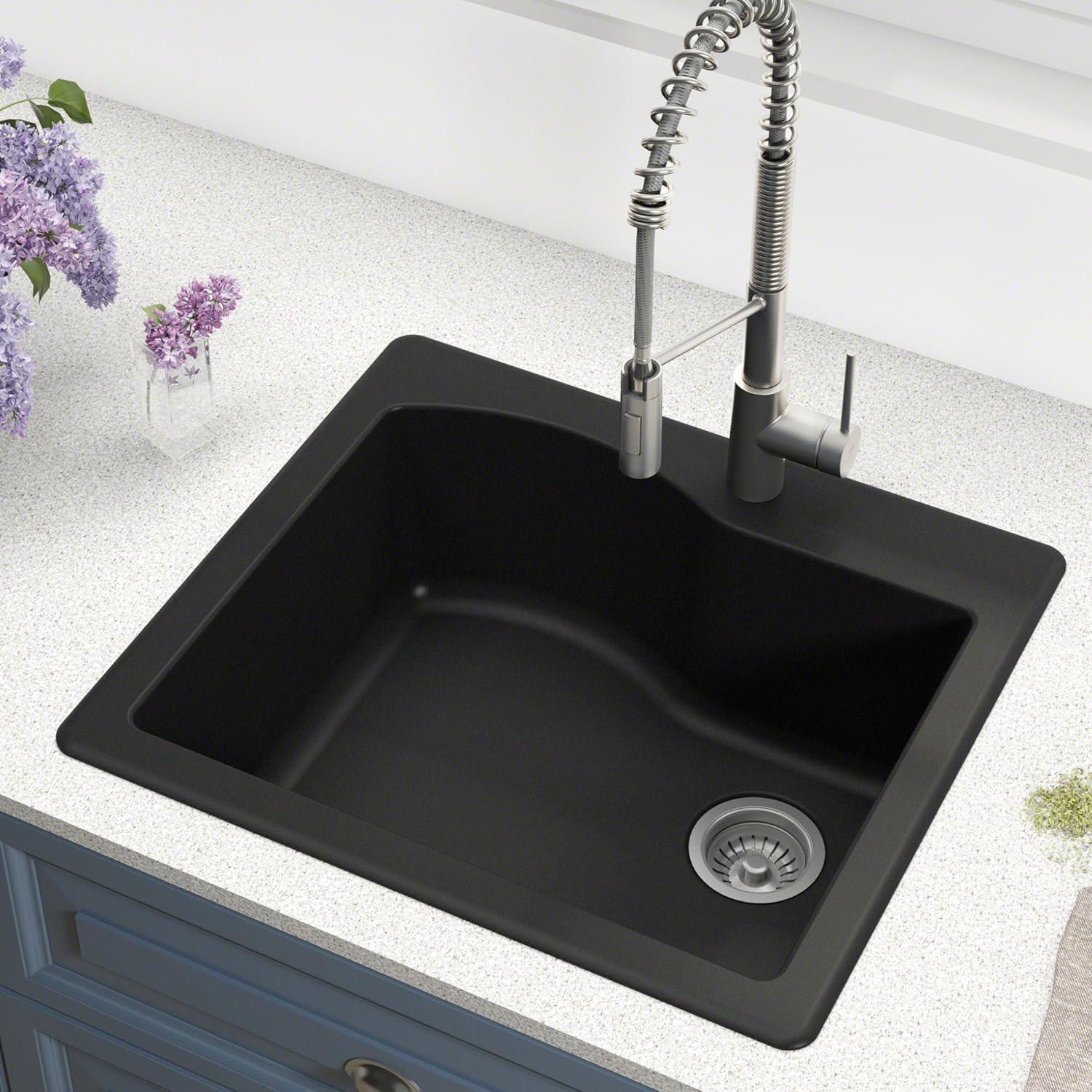 KRAUS Quarza™ 25" L Dual Mount Single Bowl Granite Kitchen Sink and Strainer