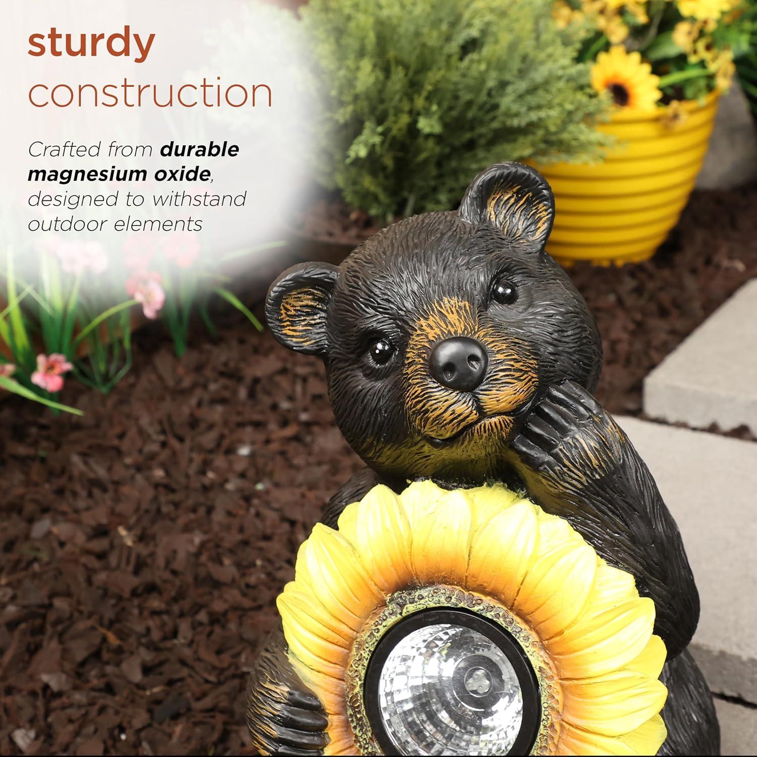 Alpine Corporation GXT520SLR-L Solar Powered Bear Statue with LED Sunflower for Outdoor Lawn and Yard Decoration, 16" H, Brown