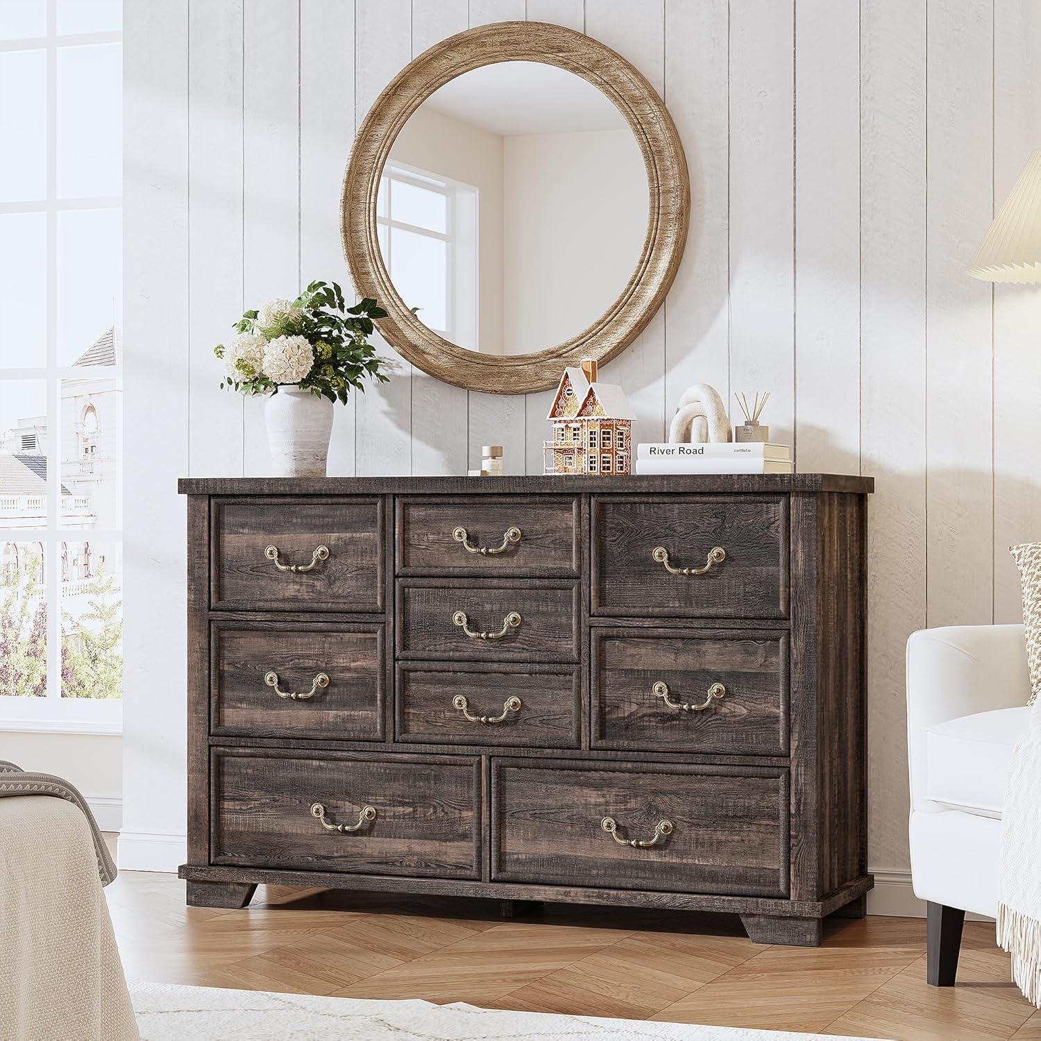 Dark Rustic Oak 9-Drawer Antique Wood Dresser with Metal Handles