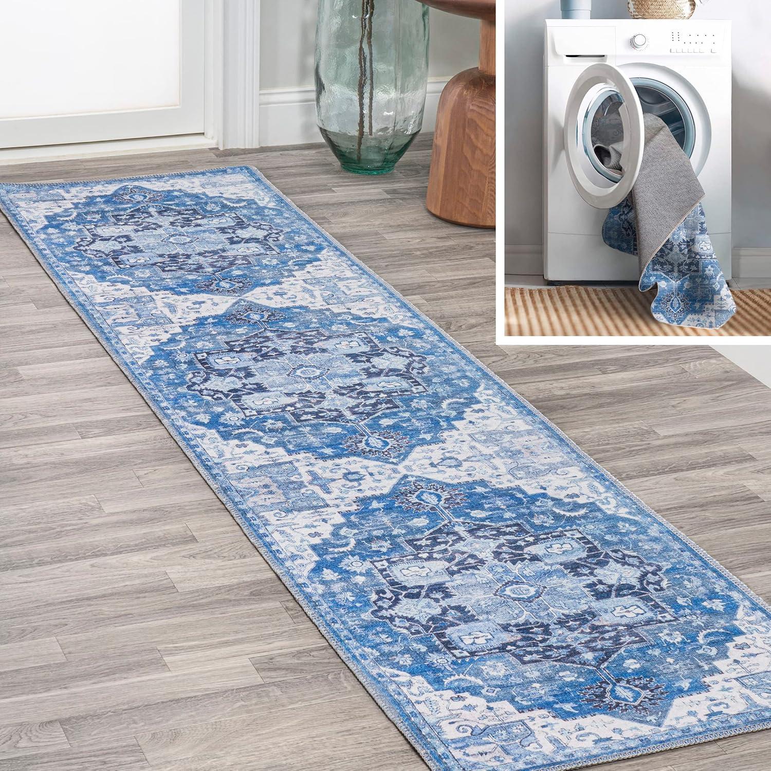 2' x 8' Maris Ornate Medallion Machine Washable Indoor/Outdoor Runner Rug, Blue/Navy - JONATHAN Y