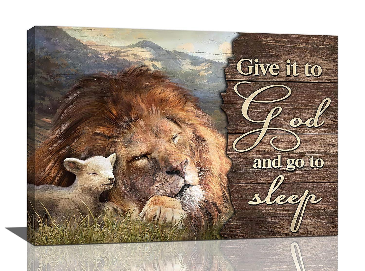 Asdg76s-Lion and Lamb Wall Art Christian Religious Pictures Canvas Wall Decor Give it to God Painting Prints Framed Artwork Decor for Church Living Room Bedroom 16"x24"