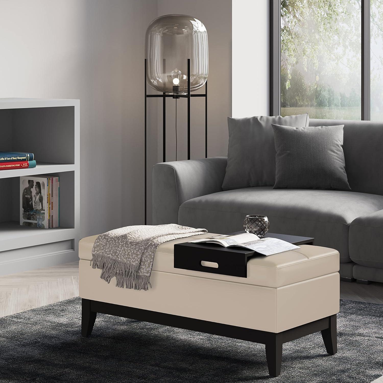 Simpli Home Oregon 42" Wd. Storage Ottoman Bench with Tray in Satin Cream Faux Leather