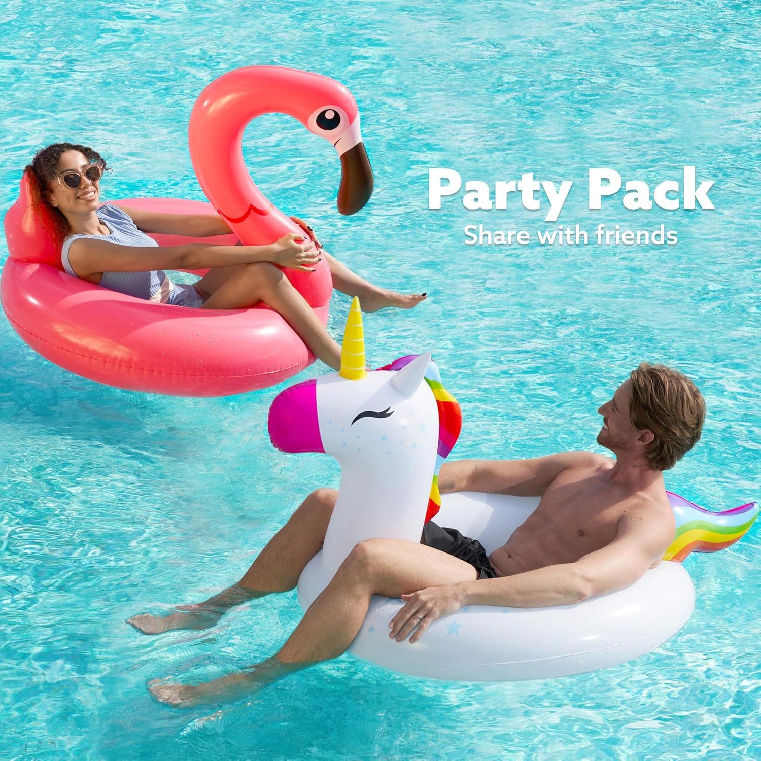 Joyfy 2 Packs Pool Floats Tube, Inflatable Unicorn Flamingo Pool Toys Floaties with Headrest, Pool Swim Ring for Kids Adults Beach Lake Summer Fun