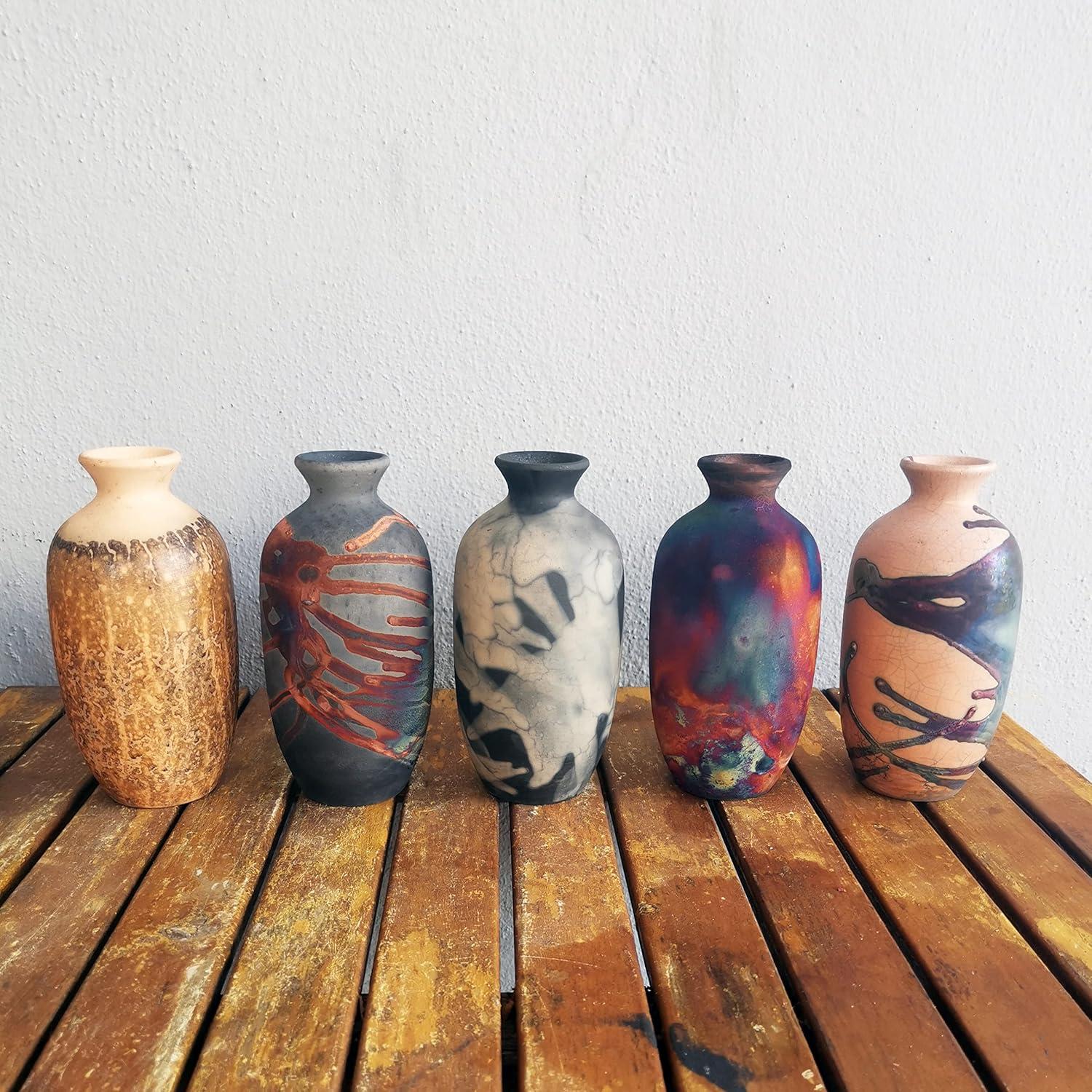 RAAQUU Koban 7" Raku Clay Pottery Home Decor Vase - Carbon Half Copper Matte - Boho Wall Art