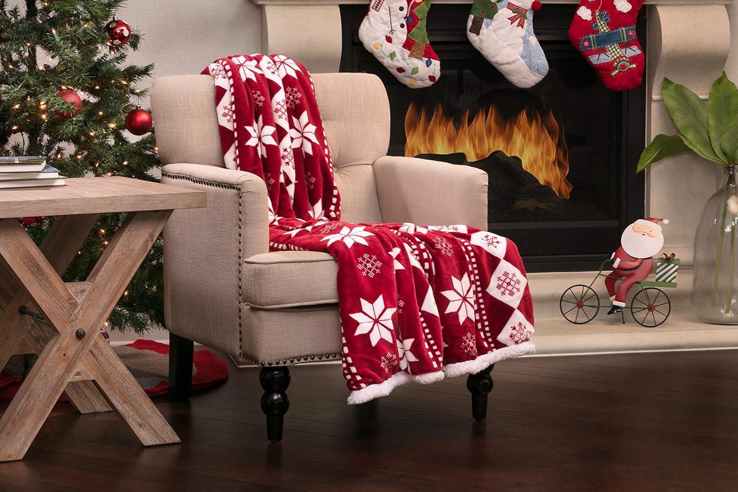 Holiday Red and White Fleece Sherpa Throw Blanket 50" x 65"