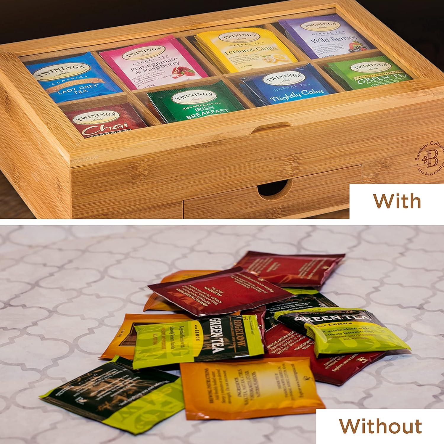 Bamboo Tea Bag Organizer - Tea Organizer: Wooden Tea Box with 8 Compartments, Acrylic Window, and Magnetic Lid, Keeps Tea Bags Fresh - Great Gift Idea