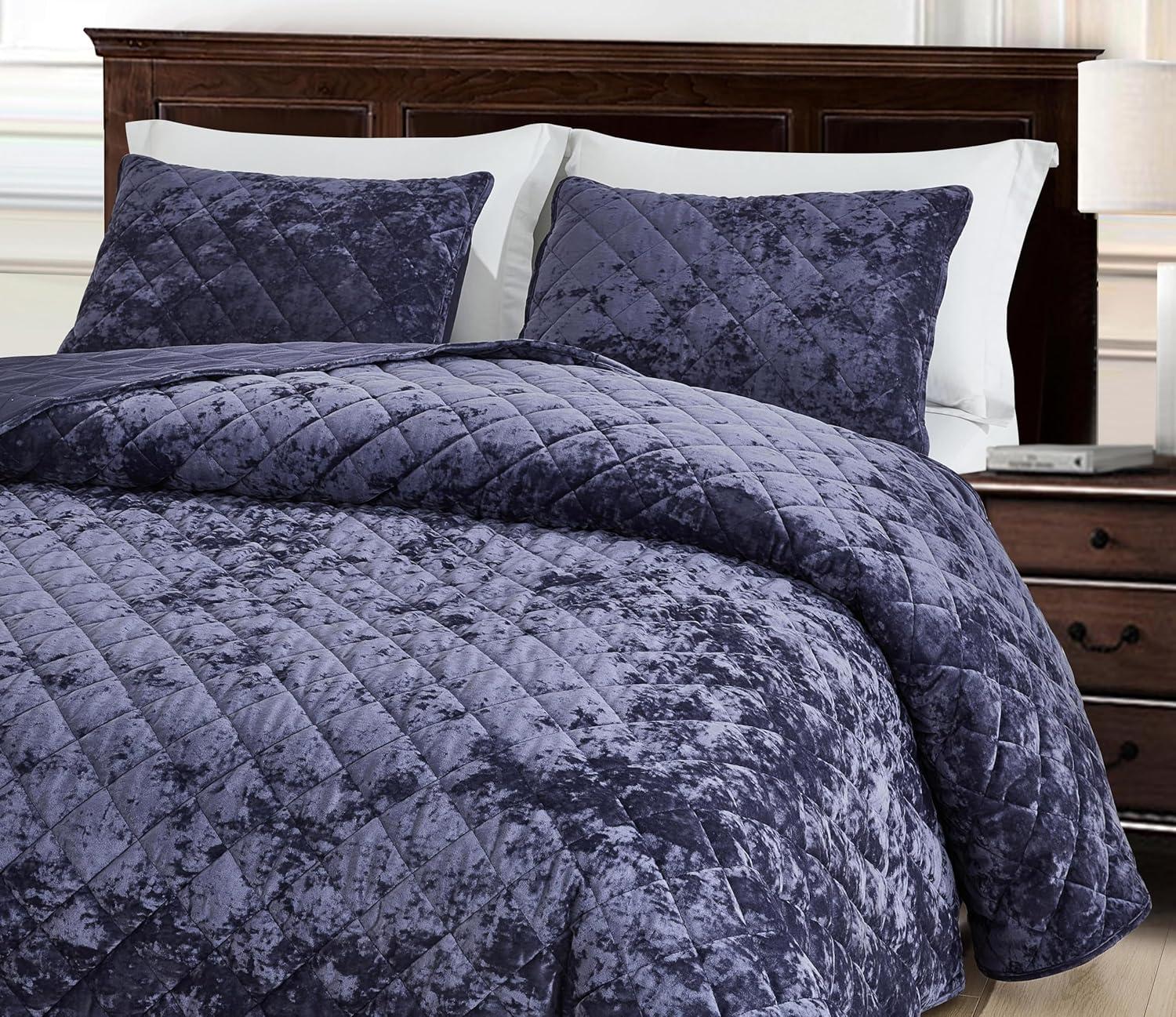 Fredsure Distressed Velvet Quilt Set, 3 Pieces Purple Queen, Distressed Velvet Face and Brushed Microfiber Reverse with Diamond Quilting