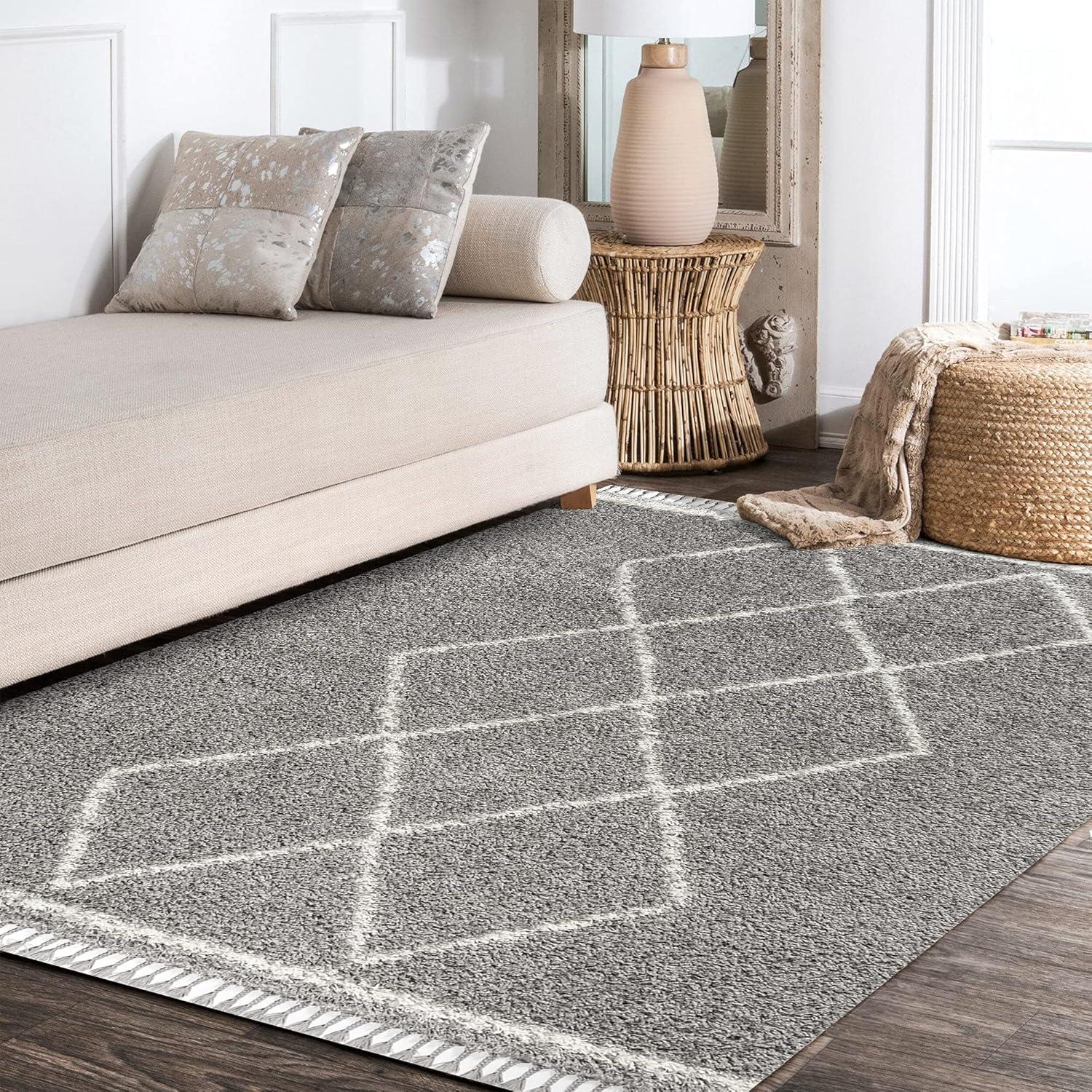 4'x6' Mercer Shag Plush Tassel Moroccan Geometric Trellis Area Rug, Grey/Cream - JONATHAN Y