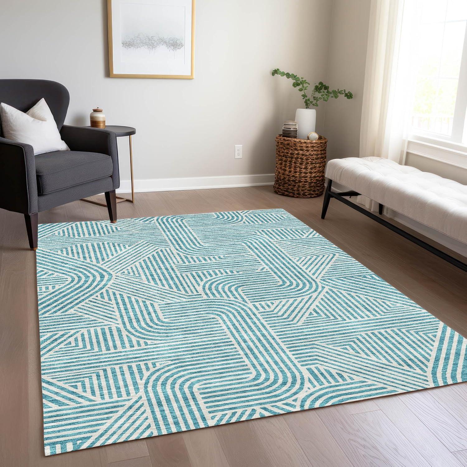 Teal Blue Flat Woven Synthetic Indoor/Outdoor Rug 5' x 7'