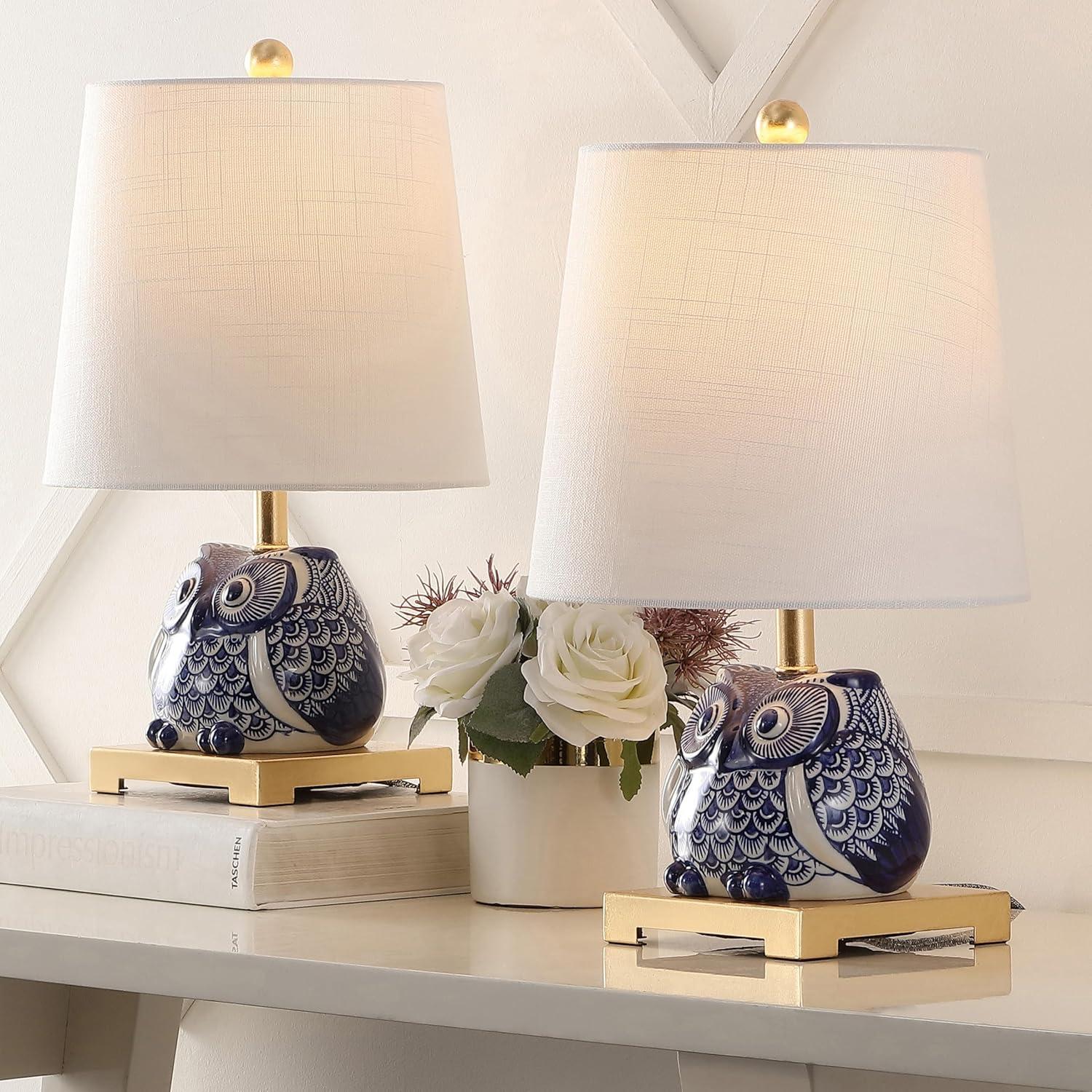 Justina Blue Ceramic Owl Table Lamp Set with White Shade