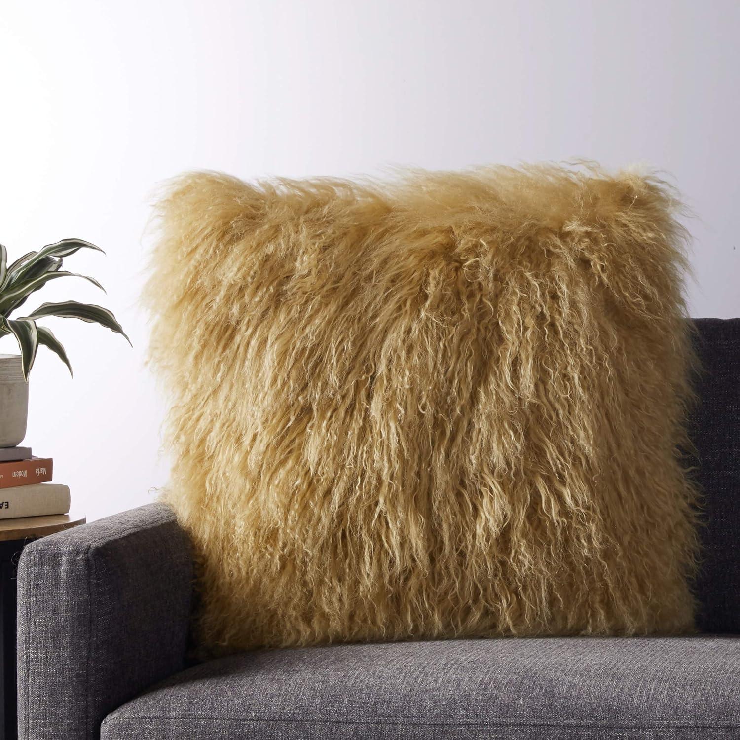 SARO 3564.GL20S 20 in. Square Wool Mongolian Lamb Fur Throw Pillow  Gold