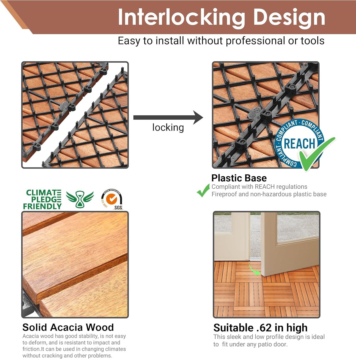 PrimeZone 27 PCS Solid Acacia Wood Interlocking Patio Deck Tiles - 12" x 12" Indoor Outdoor Waterproof Flooring Tiles for Balcony, Backyard, Garden & Poolside, All Weather Use, Brown