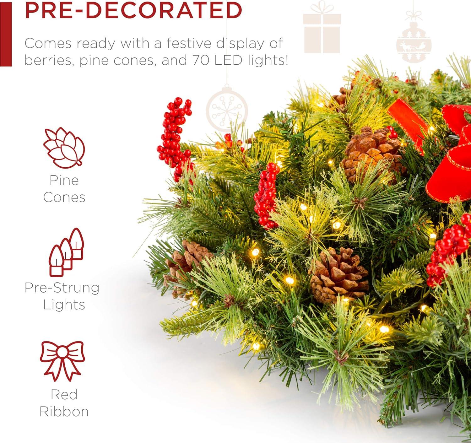 Best Choice Products Pre-Lit Battery Powered Christmas Wreath Decoration w/ PVC Tips, Ribbons