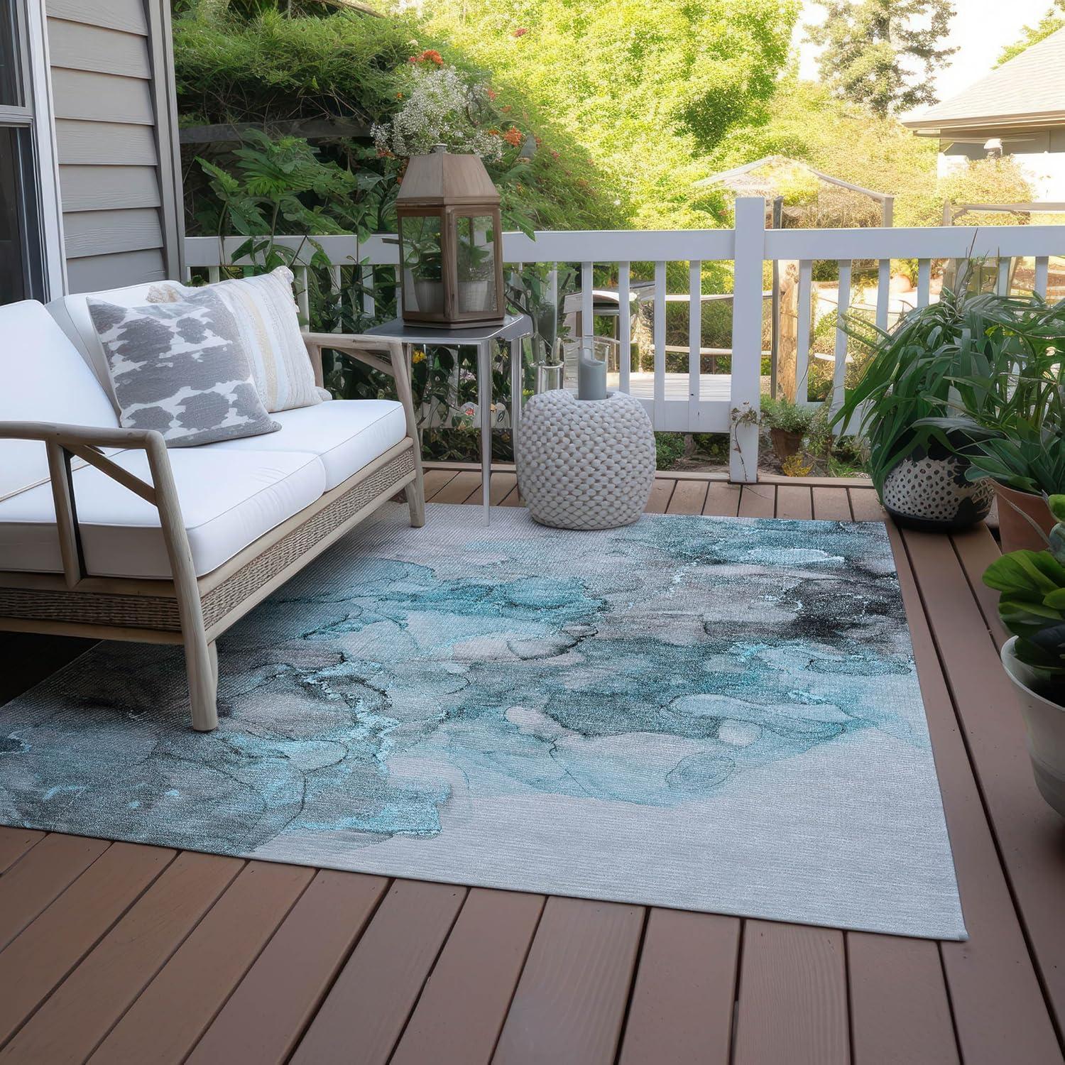 Teal and Gray Watercolor 5' x 7'6'' Machine Washable Area Rug