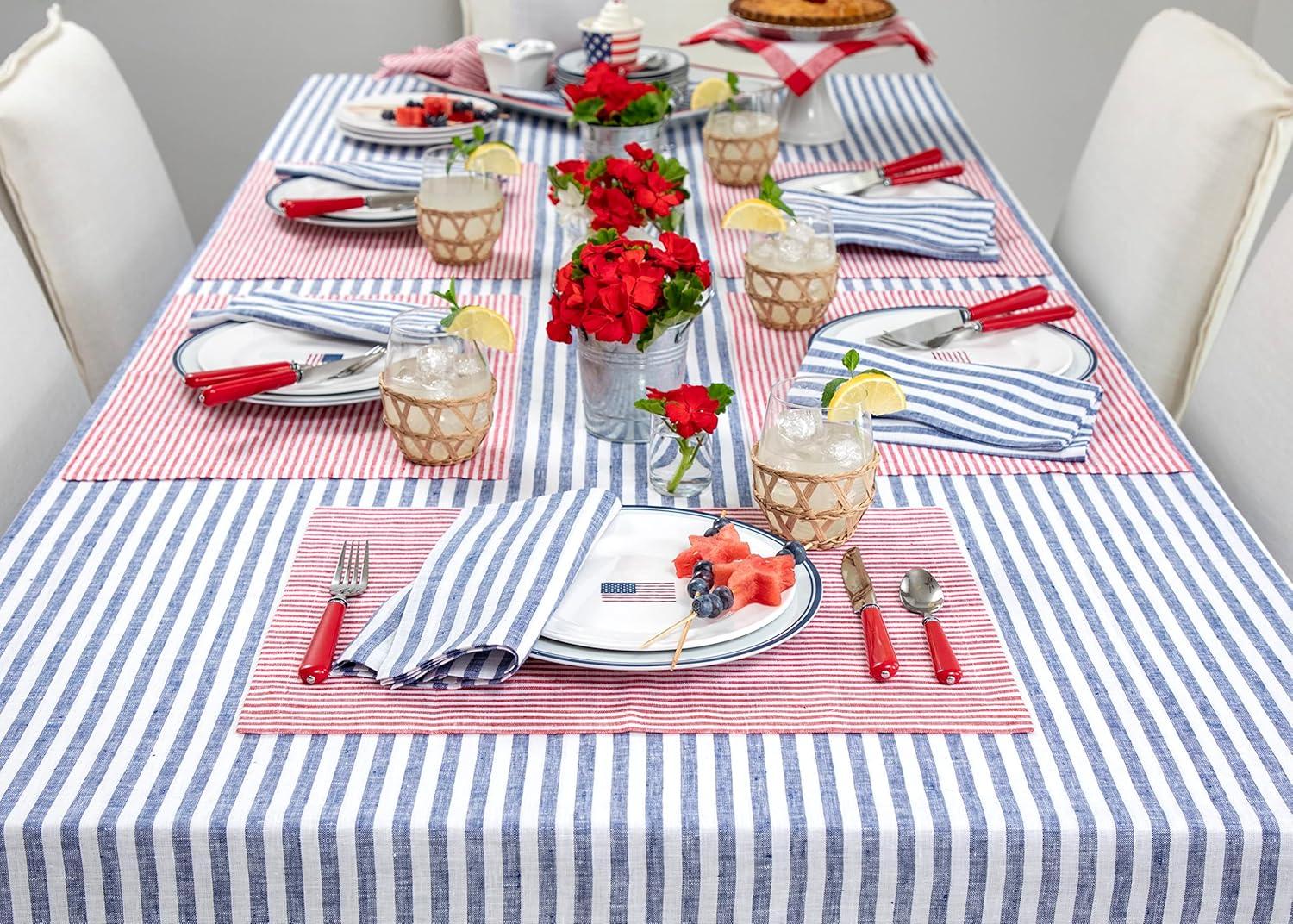 Navy and White Striped Linen Rectangular Tablecloth 60 x 90 Inch