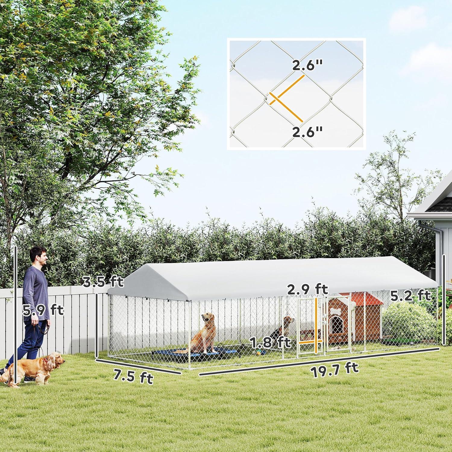 Pawhut Two Room Outdoor Dog Kennel with Roof, 19.7' x 7.5' x 5.2' Dog Kennel Outside Heavy Duty Pet Enclosure Run Fence with Waterproof UV-Resistant Cover, Secure Lock, for Small to Large Breeds