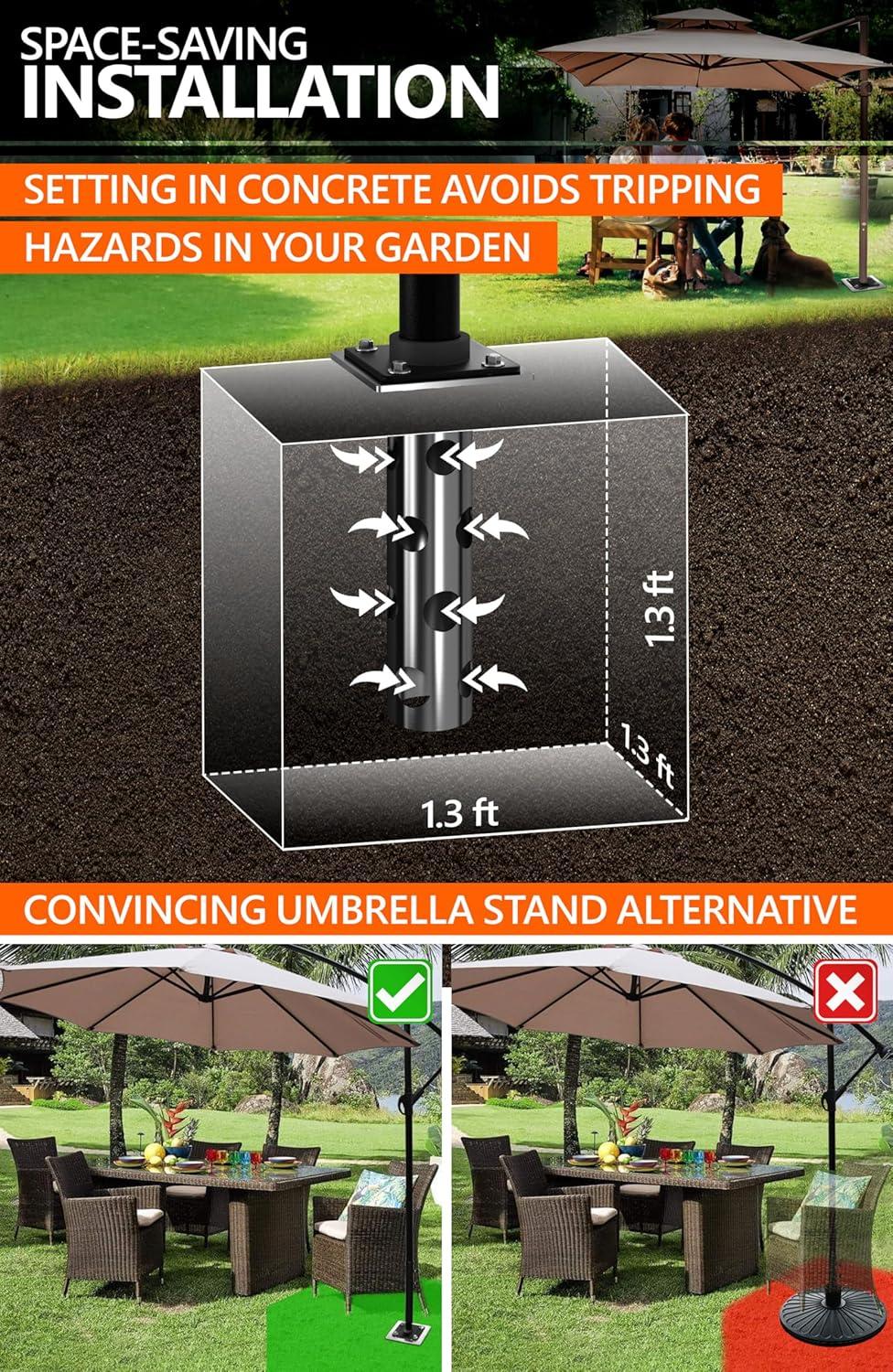 In-ground umbrella base - In Ground umbrella holder, stainless steel - Parasol stand outdoor base, high load capacity and durable quality