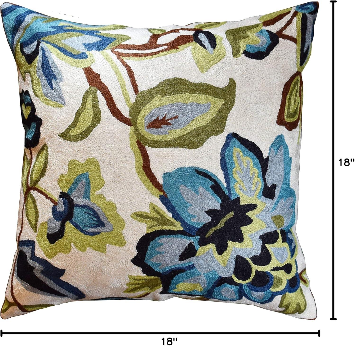 Modern Cream Decorative Floral Pillow Cover Needlepoint White Flower Hand Embroidered Pillowcase Flowery Outdoor Suzani Accent Cushion Boho Chair Modern Chair Pillowsham Wool Size 18x18