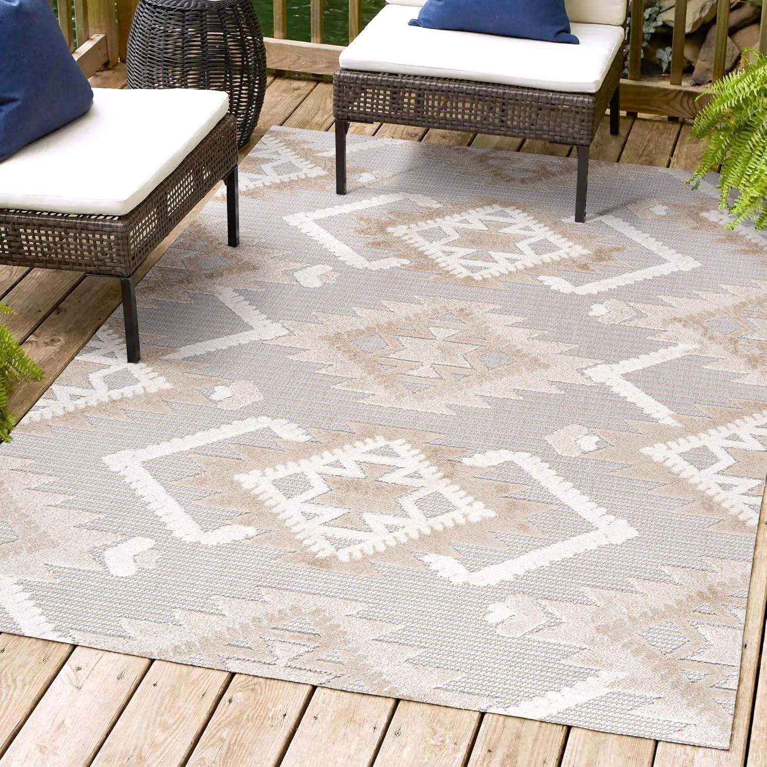 Sumak High-Low Pile Neutral Diamond Kilim Indoor/Outdoor Area Rug - JONATHAN Y