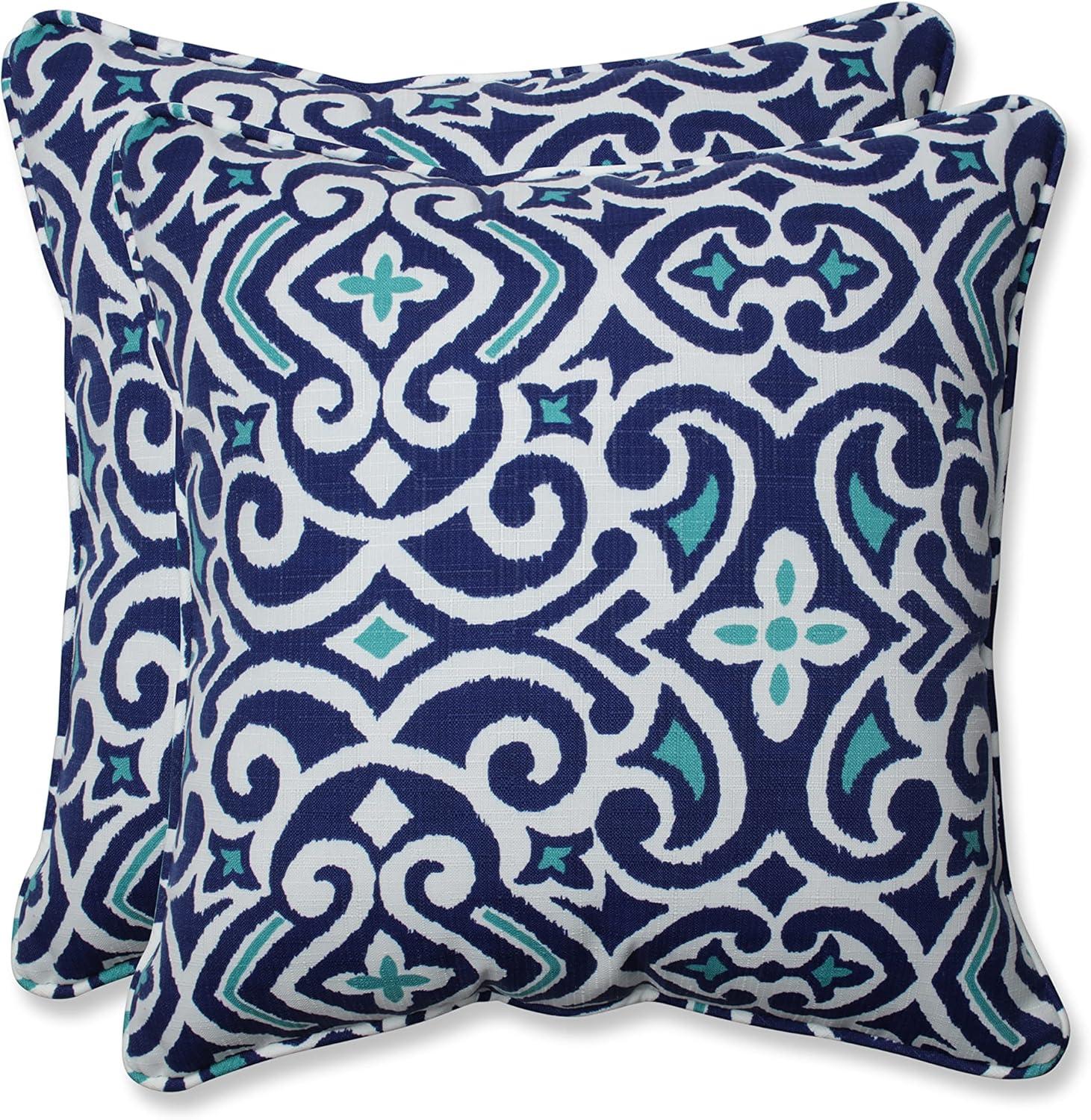 Blue and White Damask Outdoor Throw Pillow Set