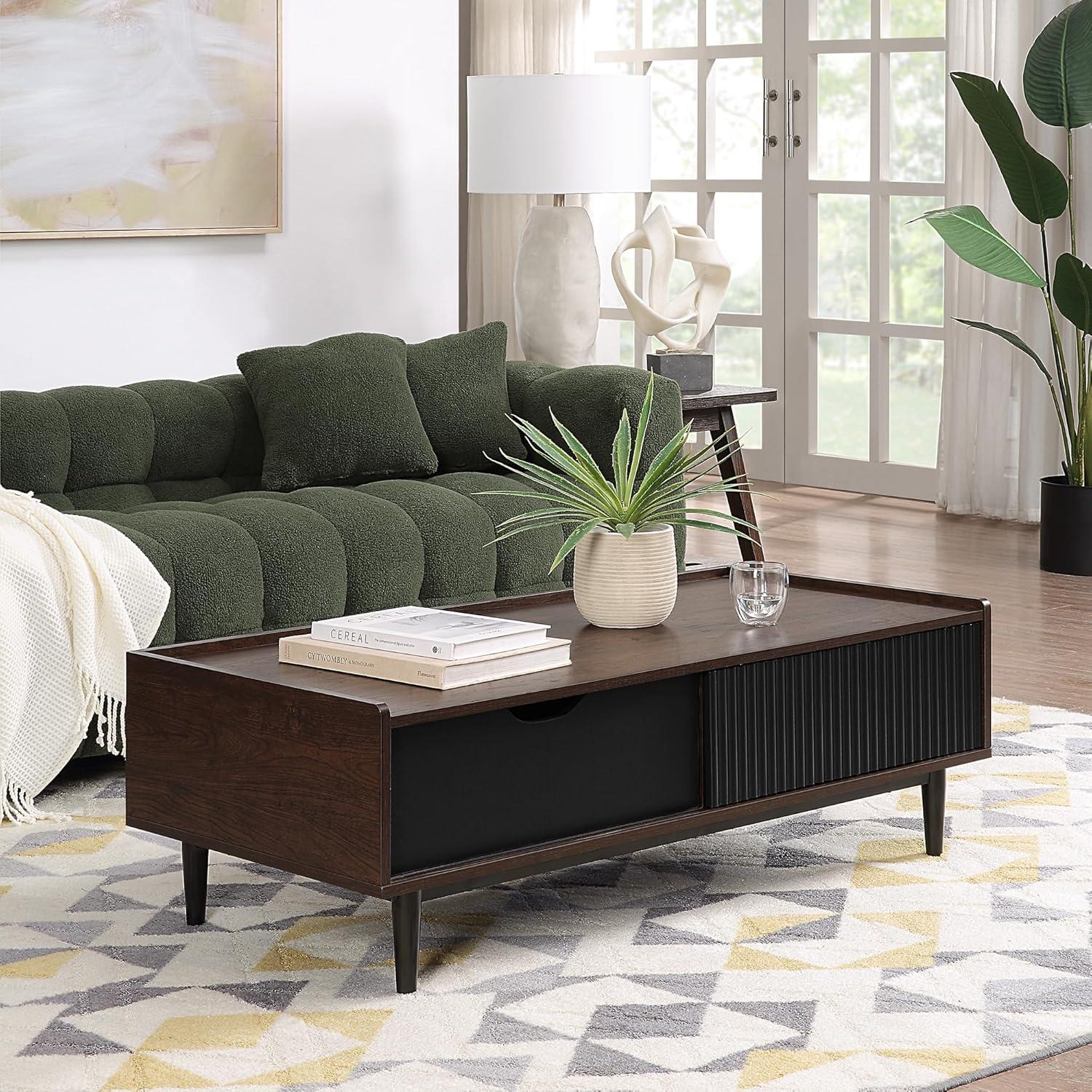 Duane Dark Brown and Black Ribbed Wood Coffee Table with Storage