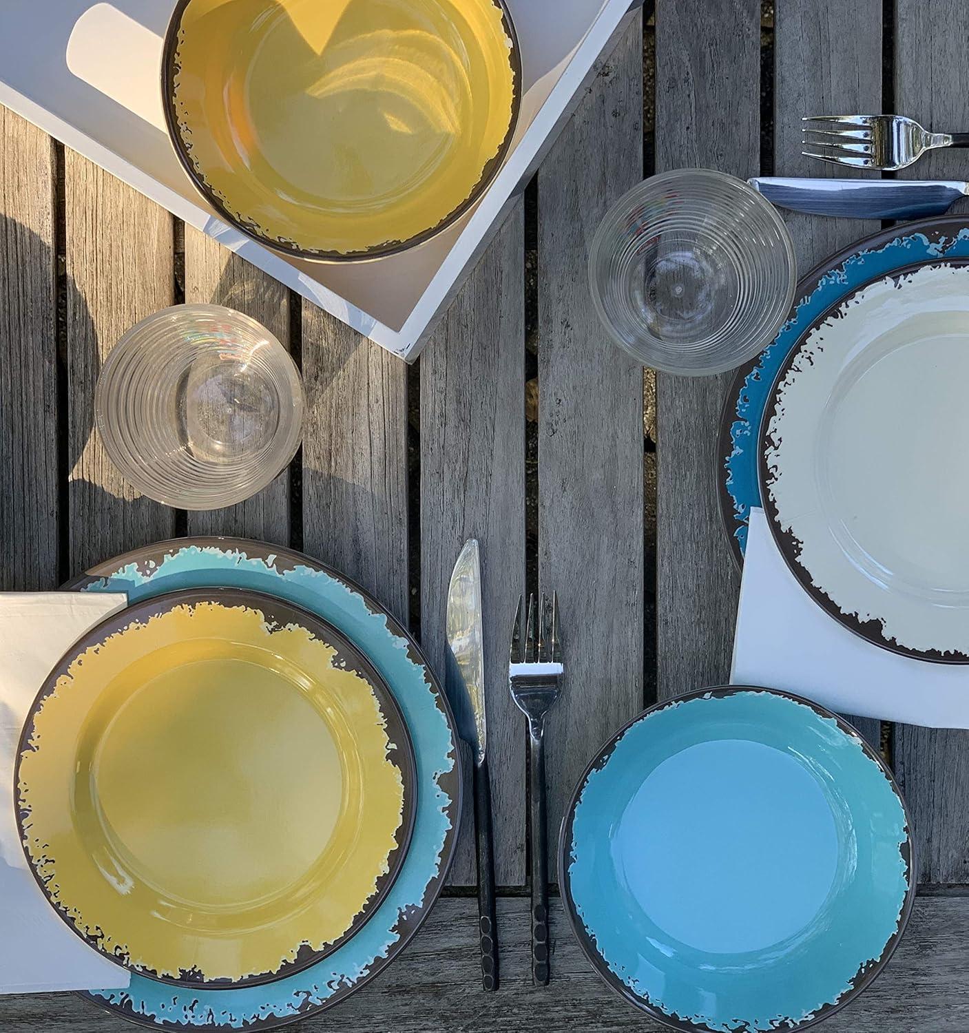 Fox Run Melamine Dinnerware Set, Off White, Dandelion Yellow, Sky Blue and Cornflower Blue, Set of 12