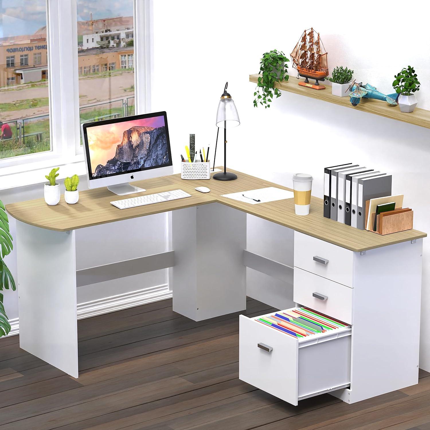 SHW L-Shaped Wood Corner Desk with 3 Side Drawers, Oak