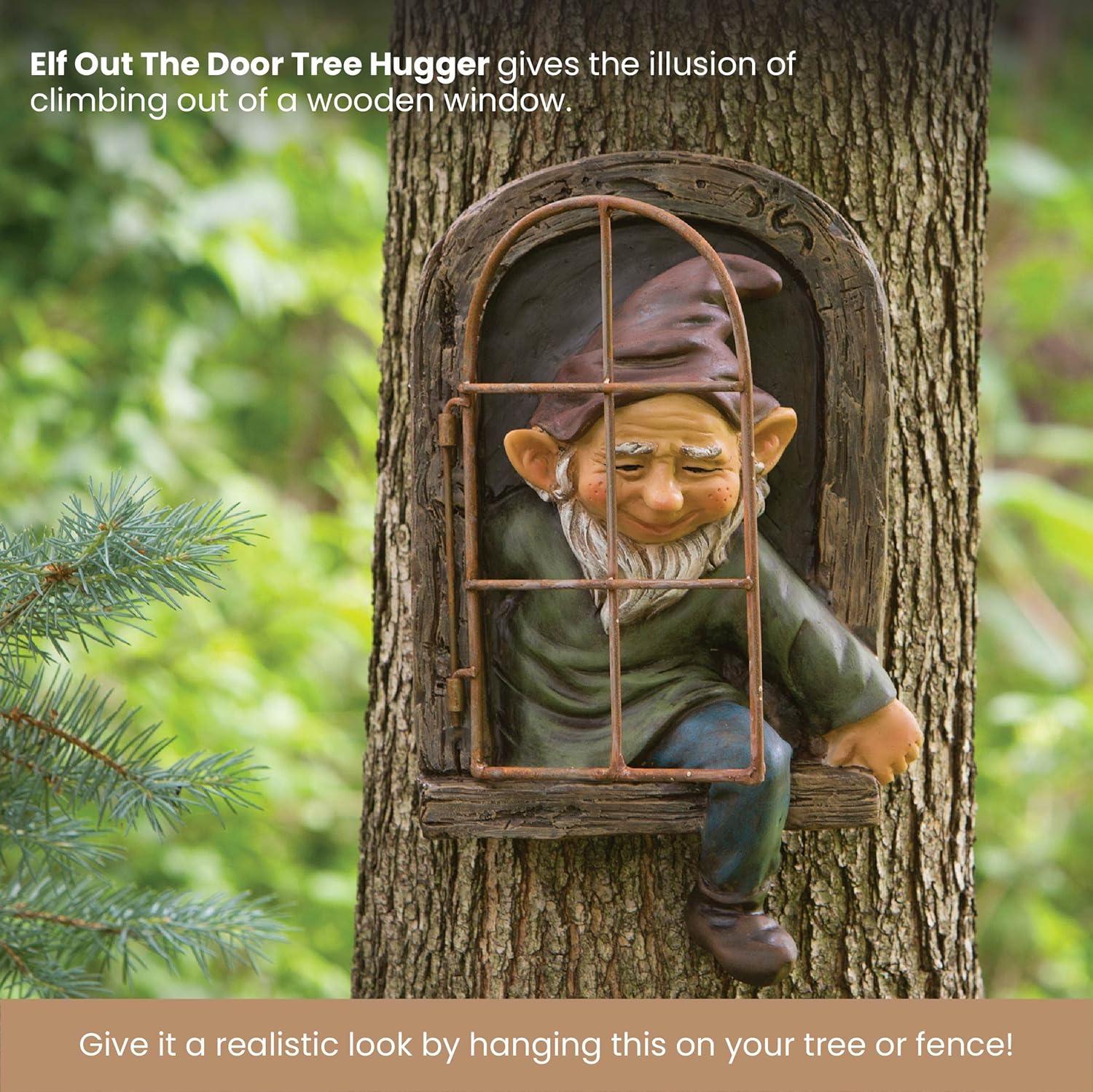 Bits and Pieces 12” Elf Out The Door Tree Hugger Yard Tree Sculpture Decoration Garden Peeker Art