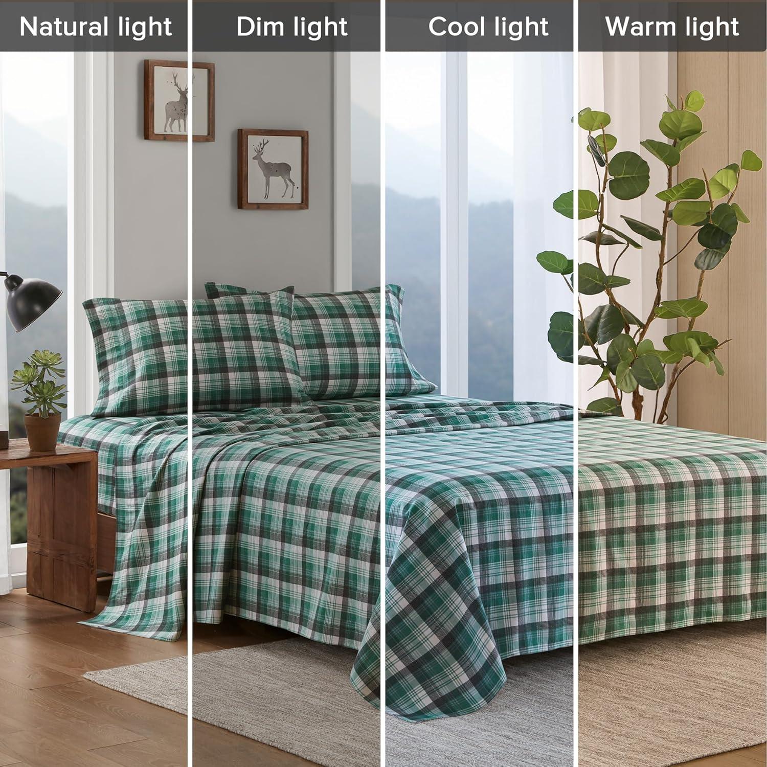 King Patterned Flannel Sheet Set Green Plaid