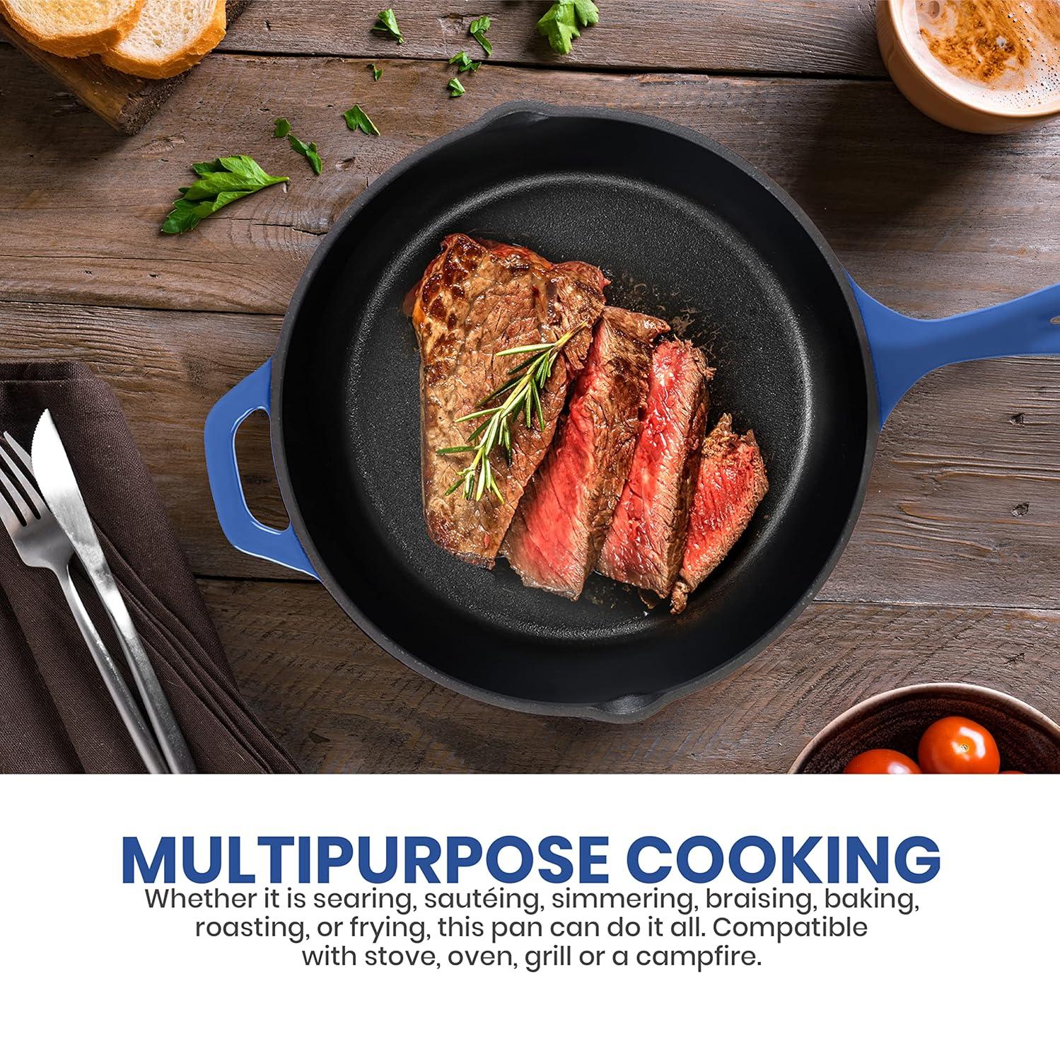 Utopia Kitchen Saute Frying Pan 12 Inch, Cast Iron Chefs Pan, Pre Seasoned Cast iron Skillet With Lid, Safe Grill Cookware for Indoor & Outdoor Use, Blue