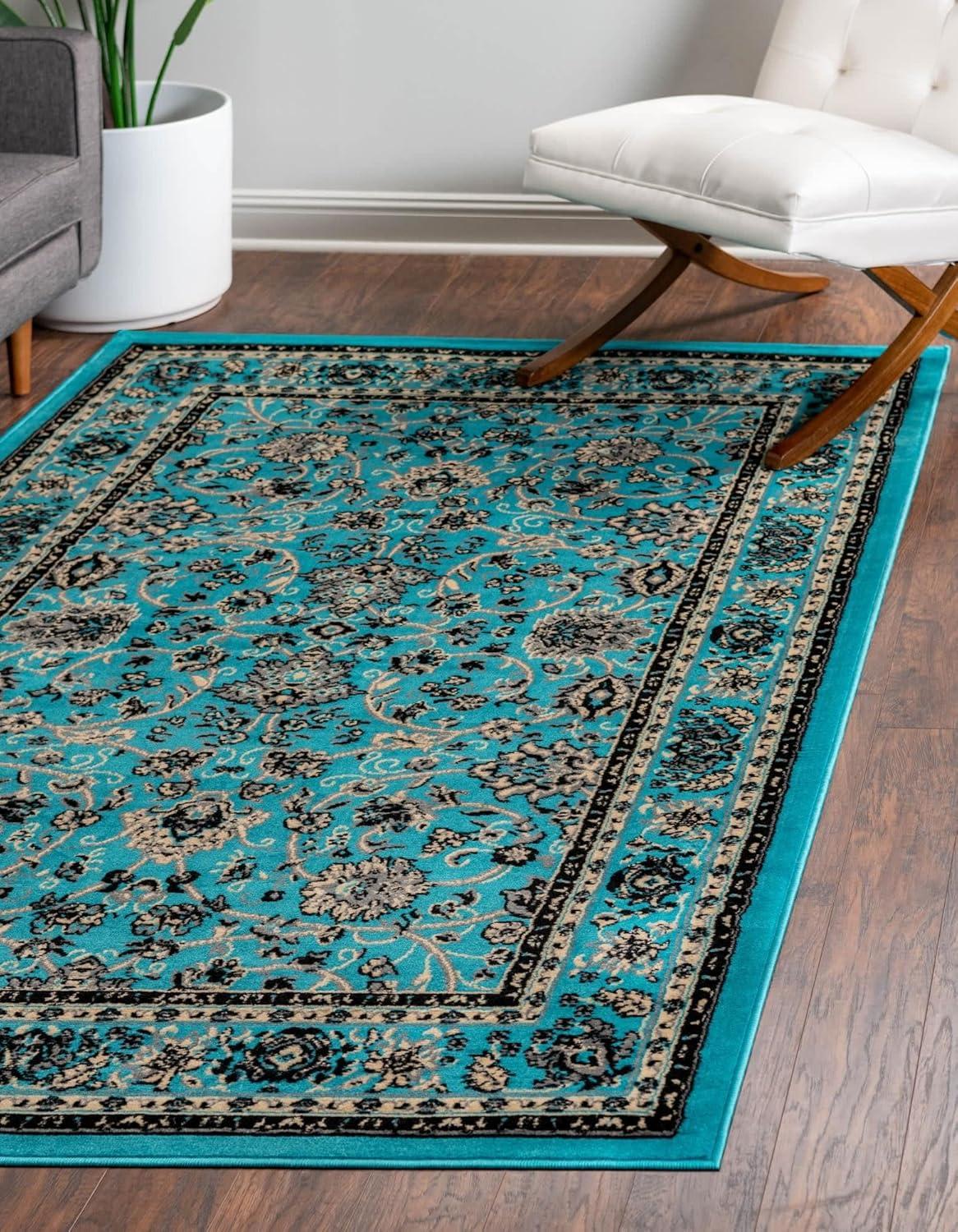 Turquoise and Ivory Synthetic 4' x 6' Easy-Care Rectangular Rug