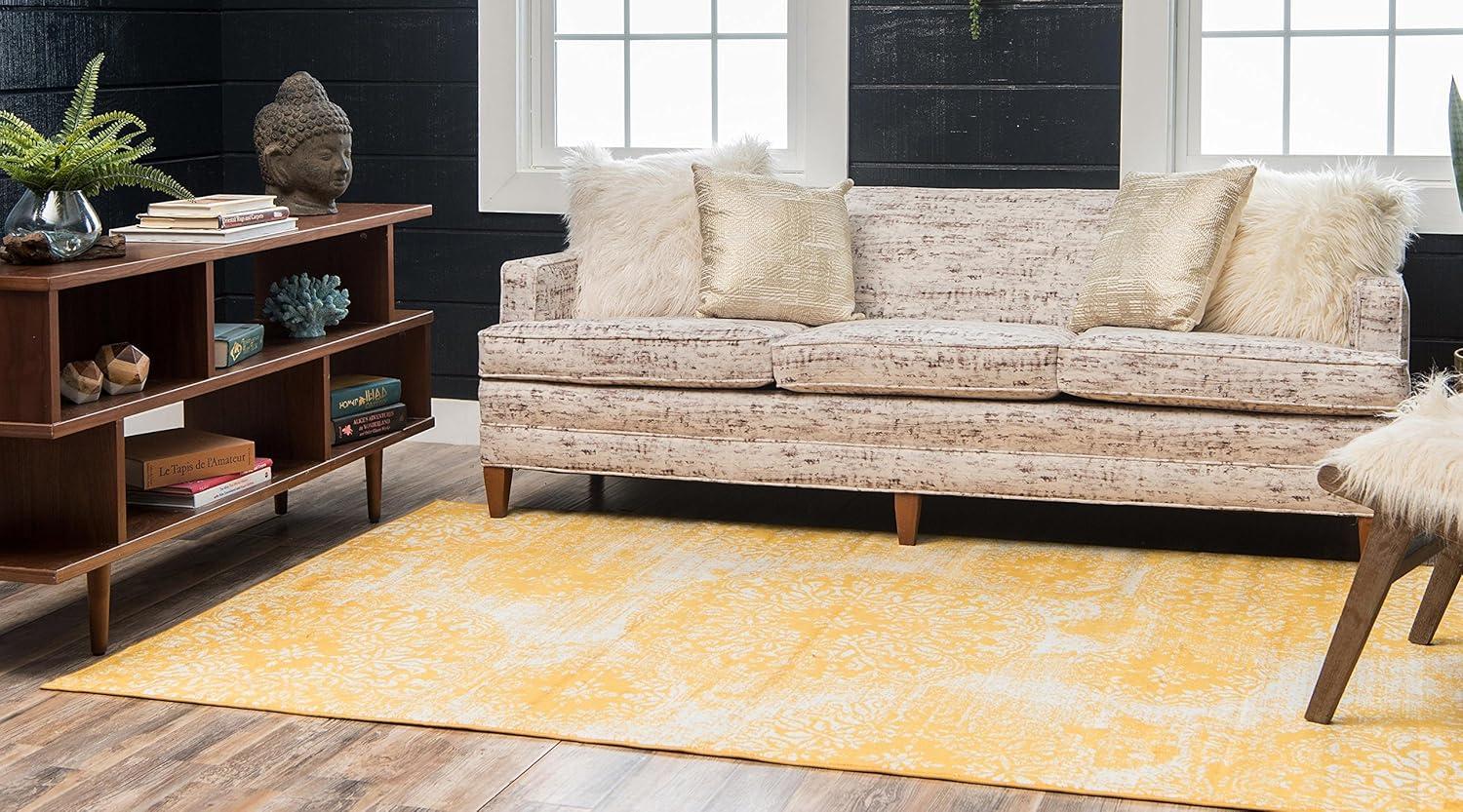 Yellow and Ivory Synthetic Low Pile Bohemian Area Rug