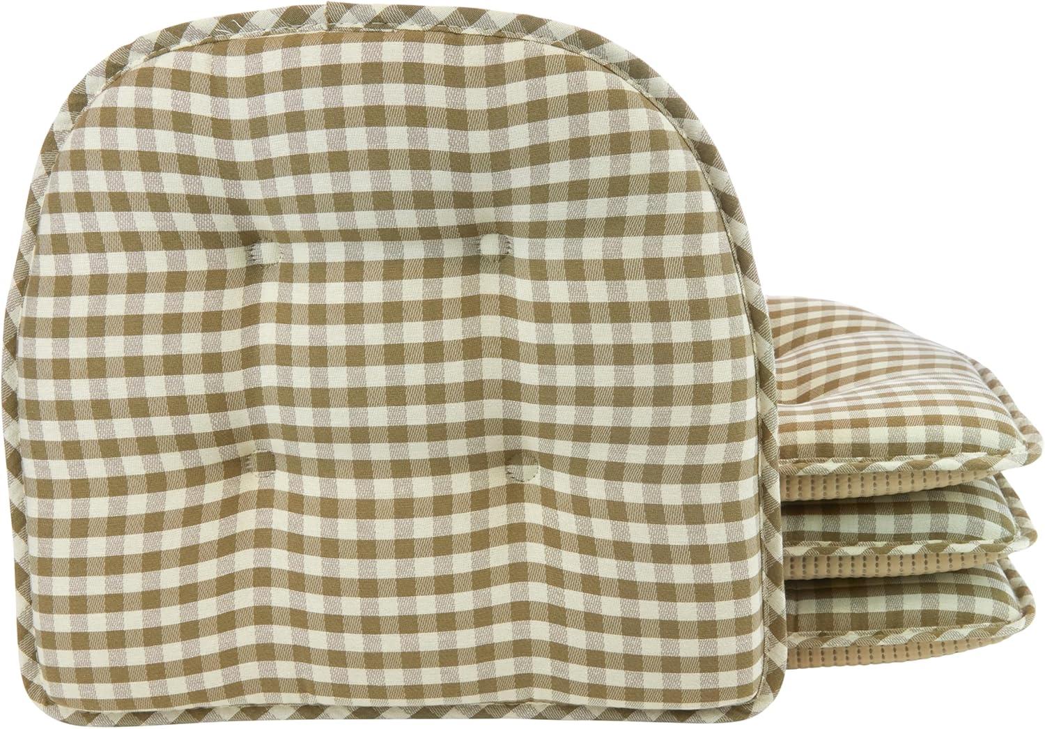 Non-Slip Tufted Chair Cushions for Dining Room, Kitchen and Office Use, U-Shaped Skid-Proof Seat Pad, 15x16 Inches, 4 Pack, Gingham Natural