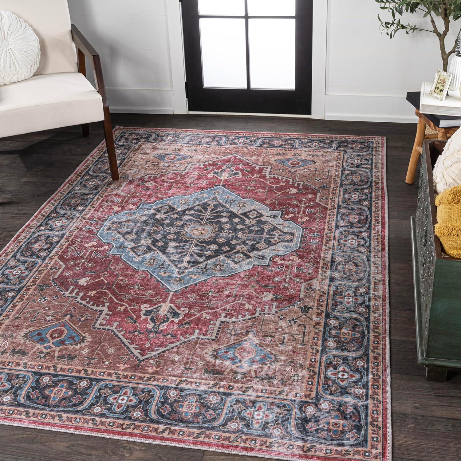 Alacati Ogee Medallion Machine-Washable Red/Blue/Brown 3 ft. x 5 ft. Area Rug - JONATHAN Y