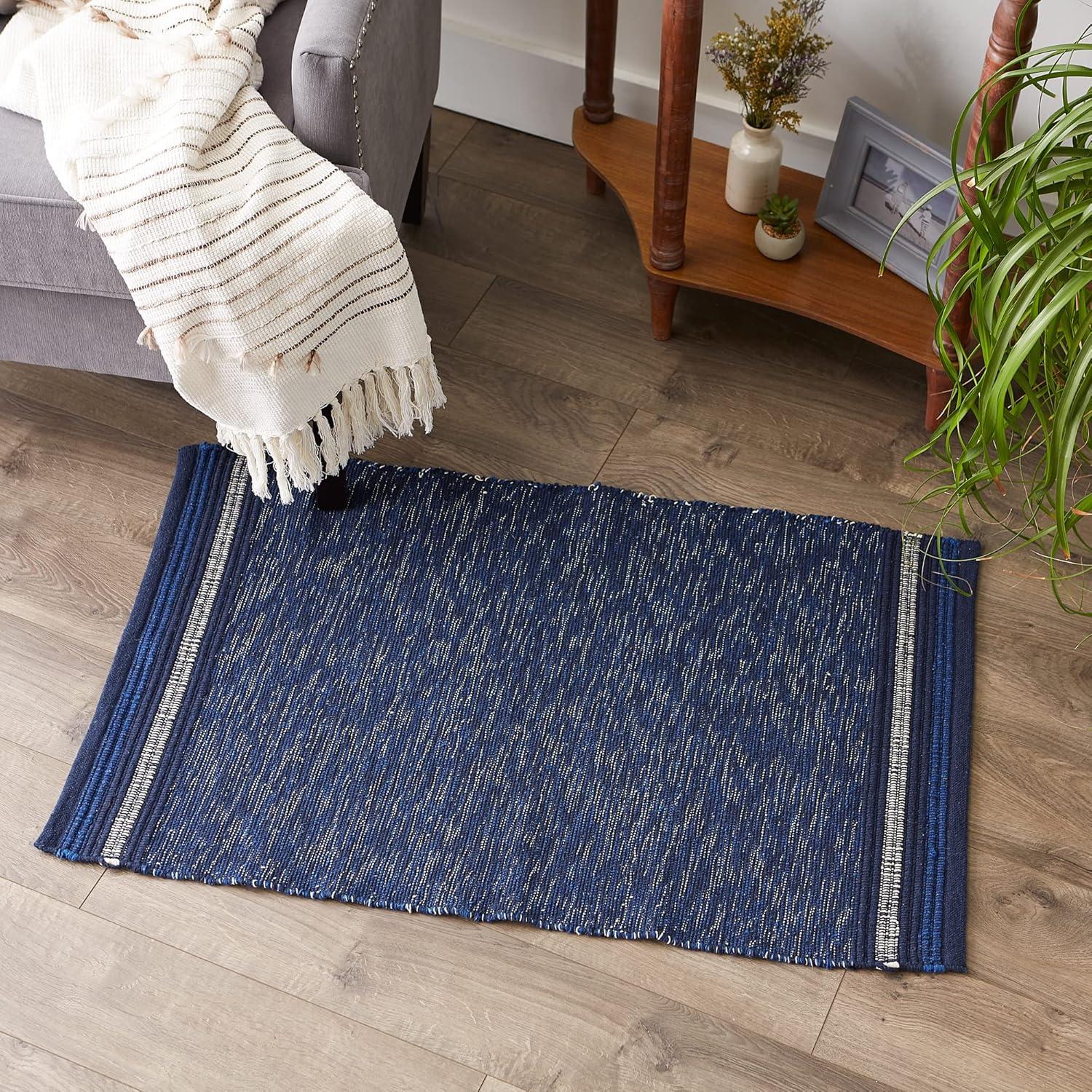 Nautical Blue Variegated Handwoven Fabric Recycled Yarn Rug 2x3 Ft