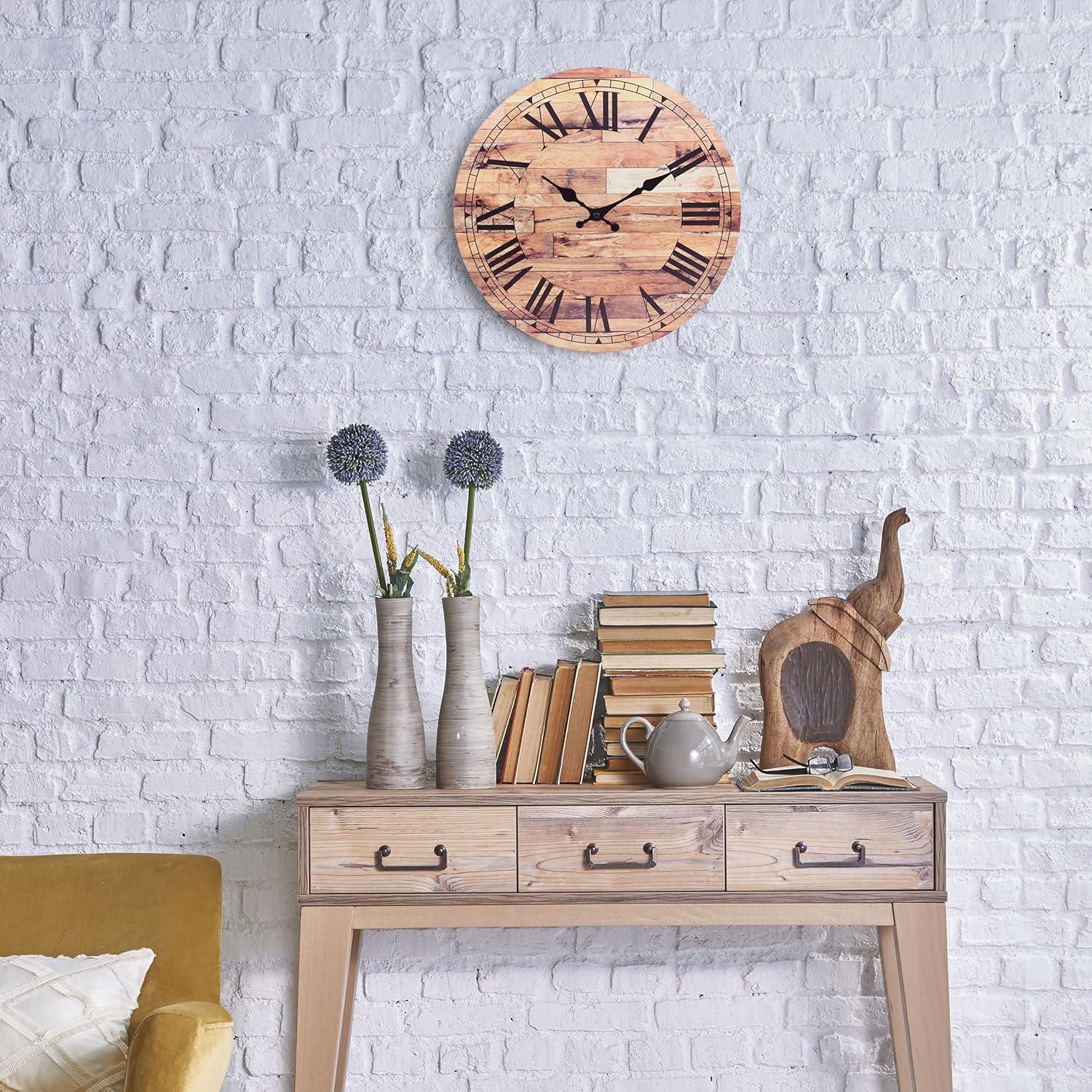 14" Wooden Roman Numeral Wall Clock Brown - Stonebriar Collection: MDF Composite, Traditional Decor, Indoor Use