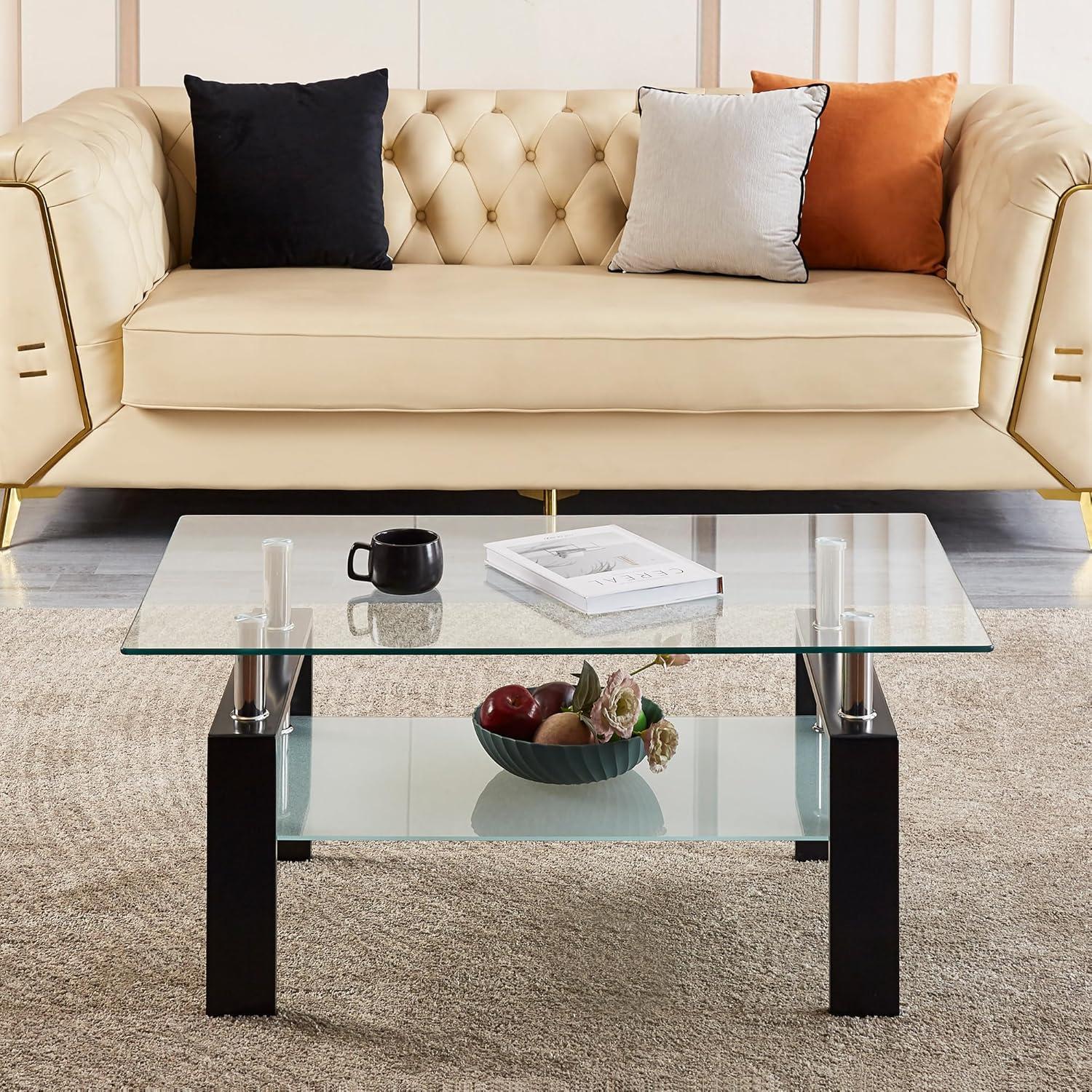 Glass Coffee Table Set of 3 Piece, Living Room Table Set of 3, Black Coffee Table and End Coffee Table Sets, Metal Frame (Black C, Set of 3)
