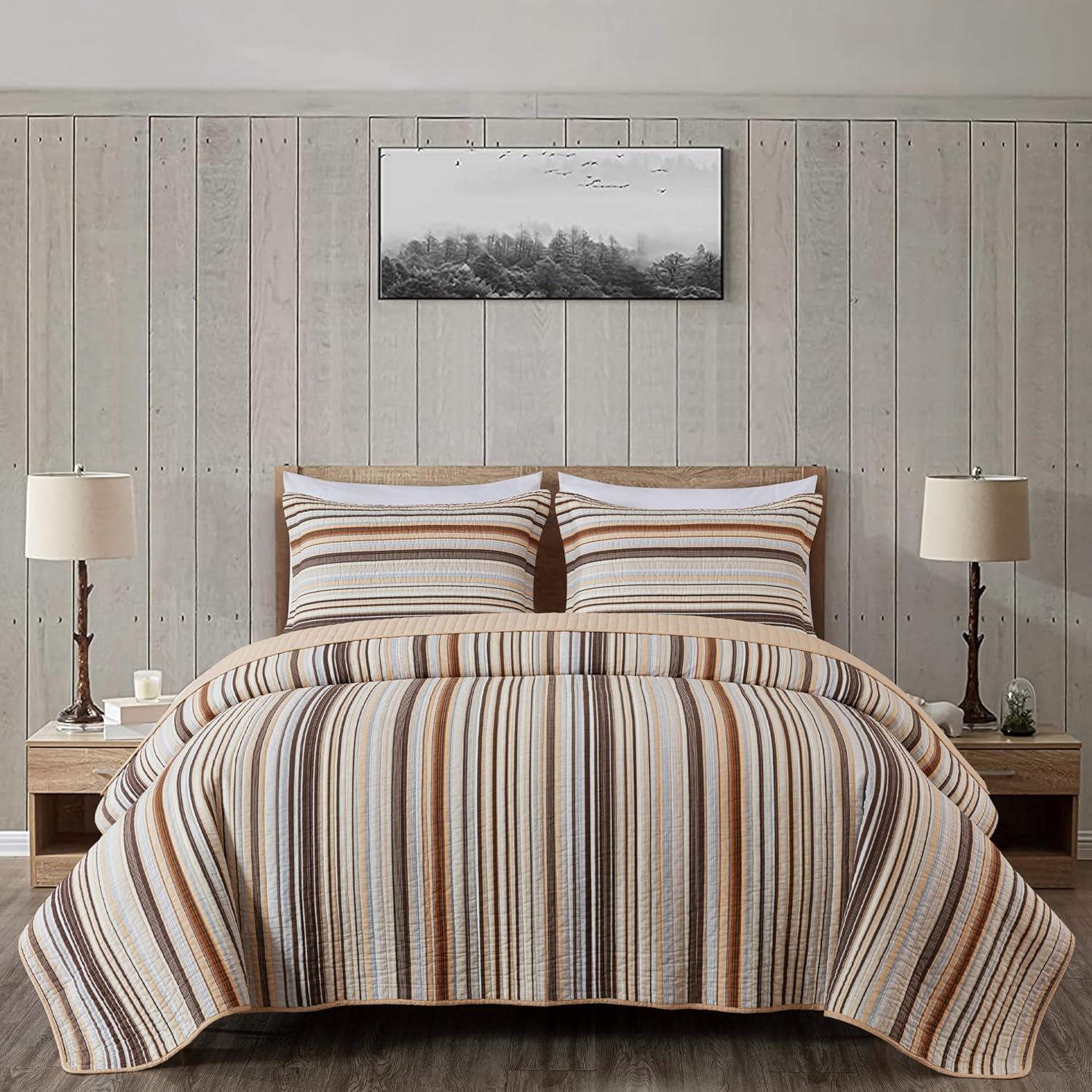 Chezmoi Collection Cotton Quilted Striped Quilt Set