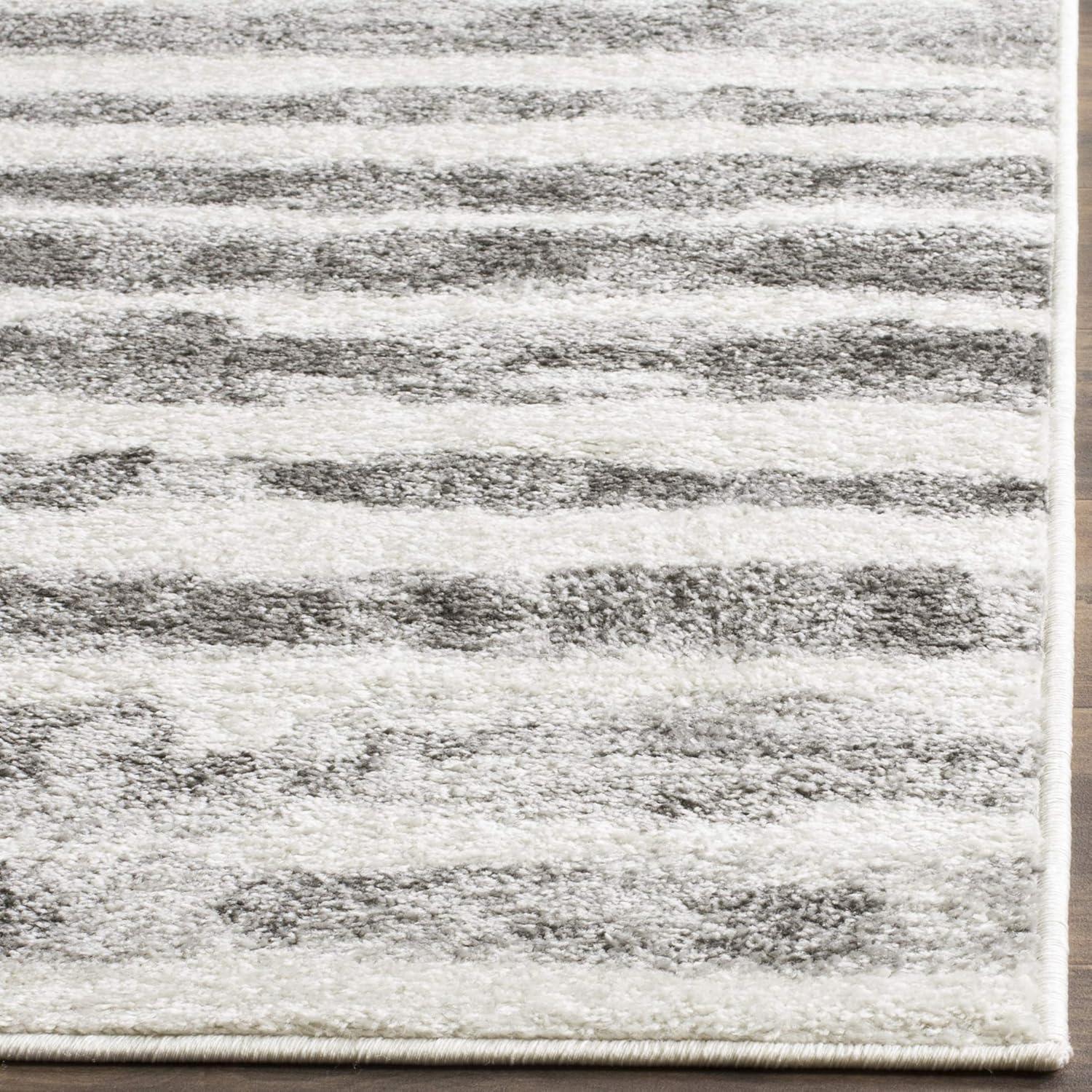 Ivory and Charcoal Striped Synthetic Modern Runner Rug