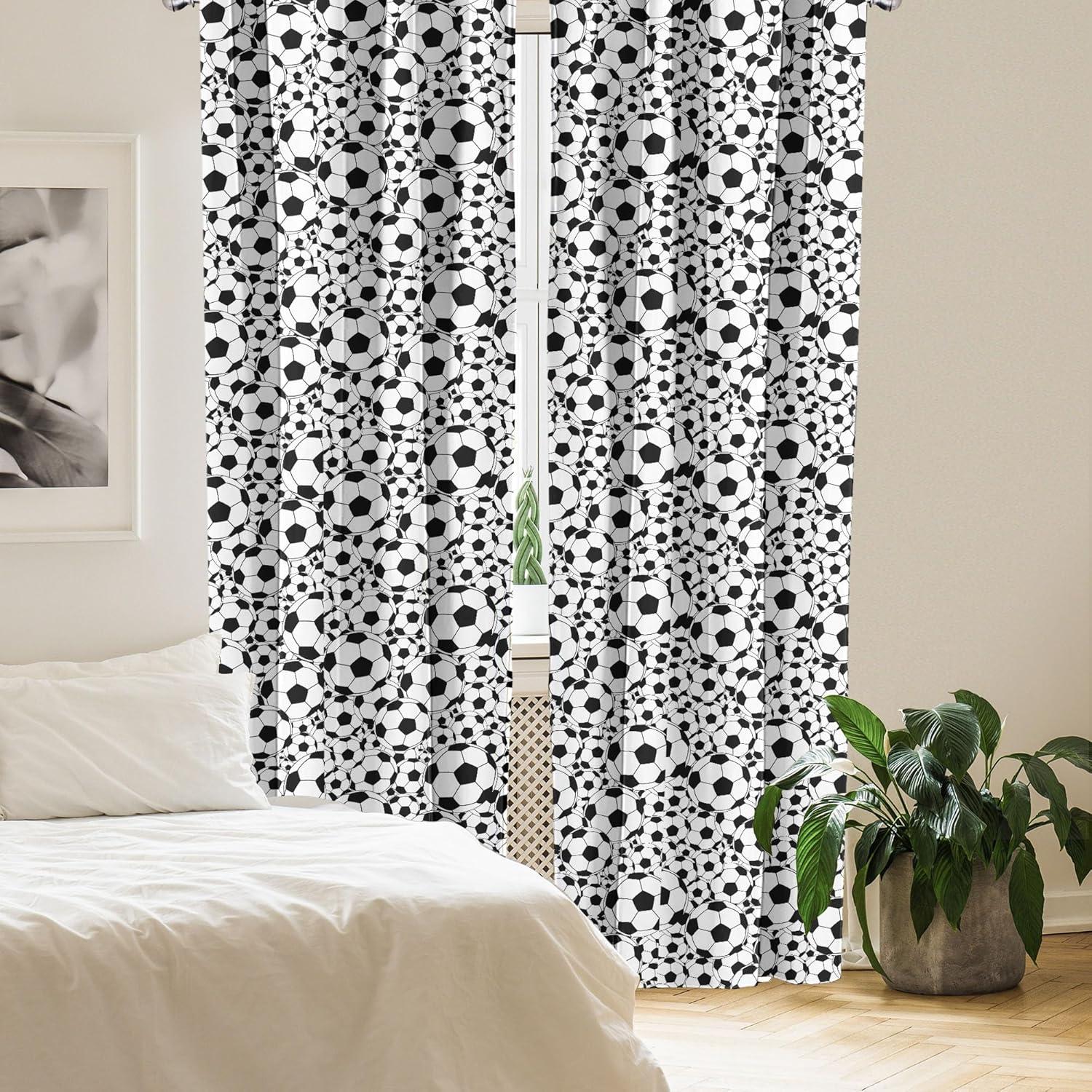 Ambesonne Soccer Curtains, Monochrome Balls Boys, Pair of 28"x63", Black White