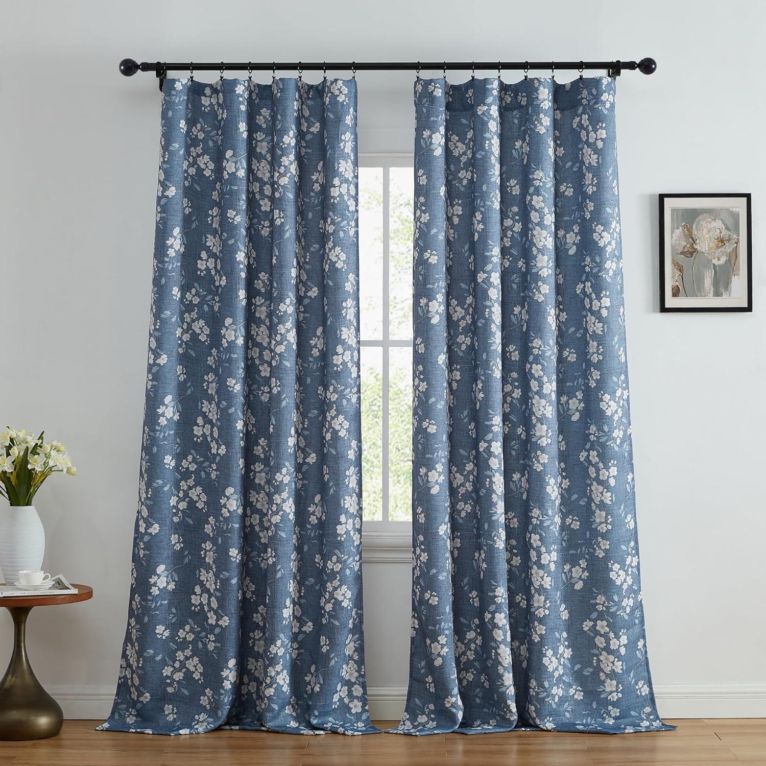 Blue Floral Polyester Room-Darkening Rod Pocket Curtains, 52" x 84"