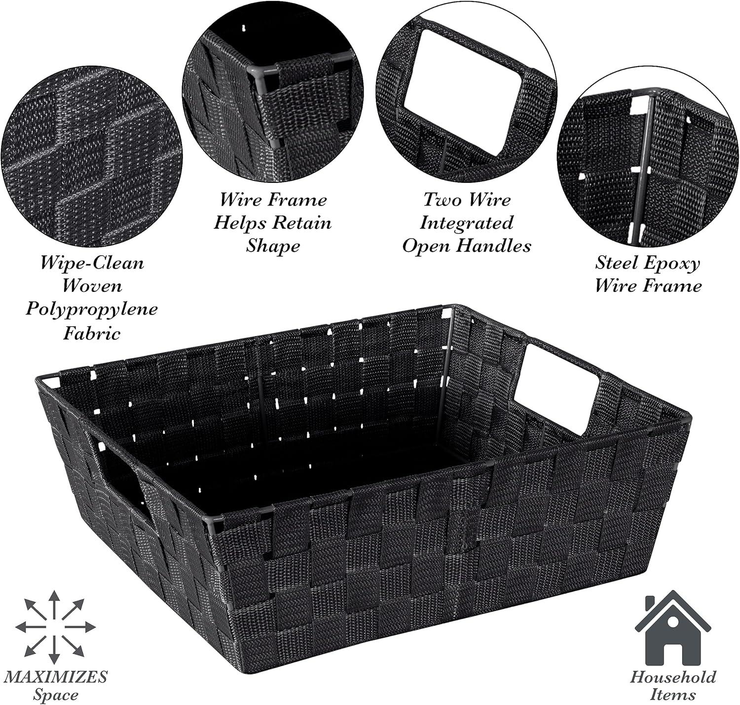 Simplify Large 13" Woven Strap Storage Bin Black: Portable Decorative Storage with Handles for 13 Inch Cube System