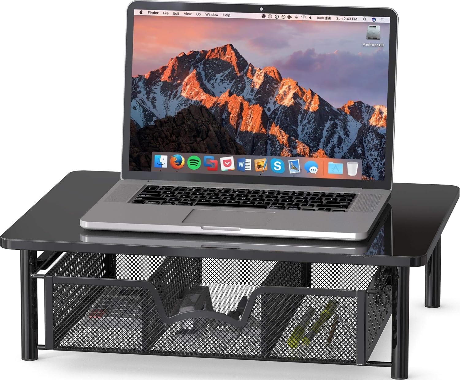 Metal Monitor Stand Riser and Computer Desk Organizer with Drawer for Laptop, Computer, iMac, Black