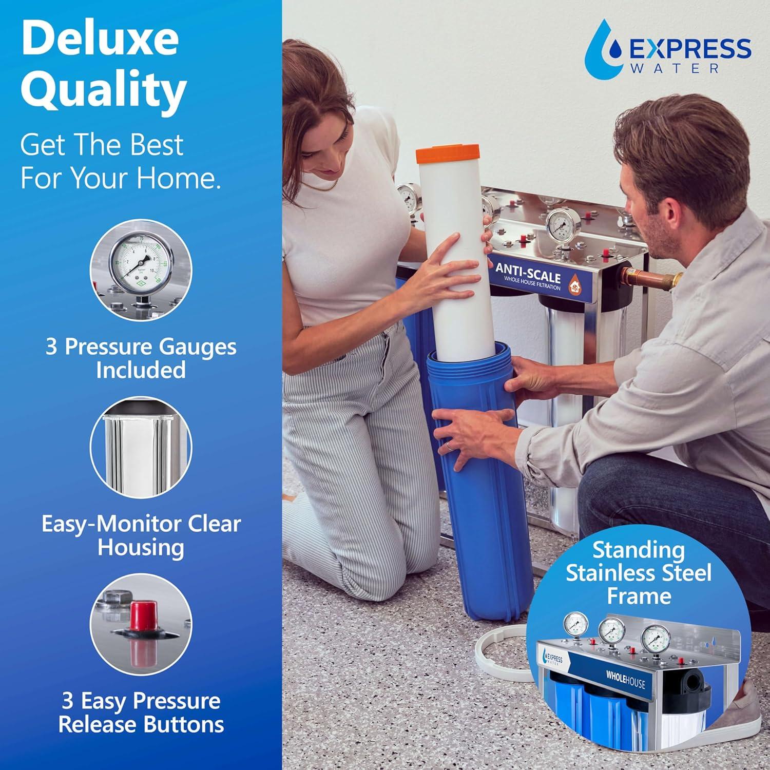 Express Water Whole House Water Filter, 3 Stage Water Filtration, Sediment, Polyphosphate Anti-Scale, Carbon Filters Includes Pressure Gauges, Easy Release, and 1 Inch Connections, 23.5" x 8.5" x 30"