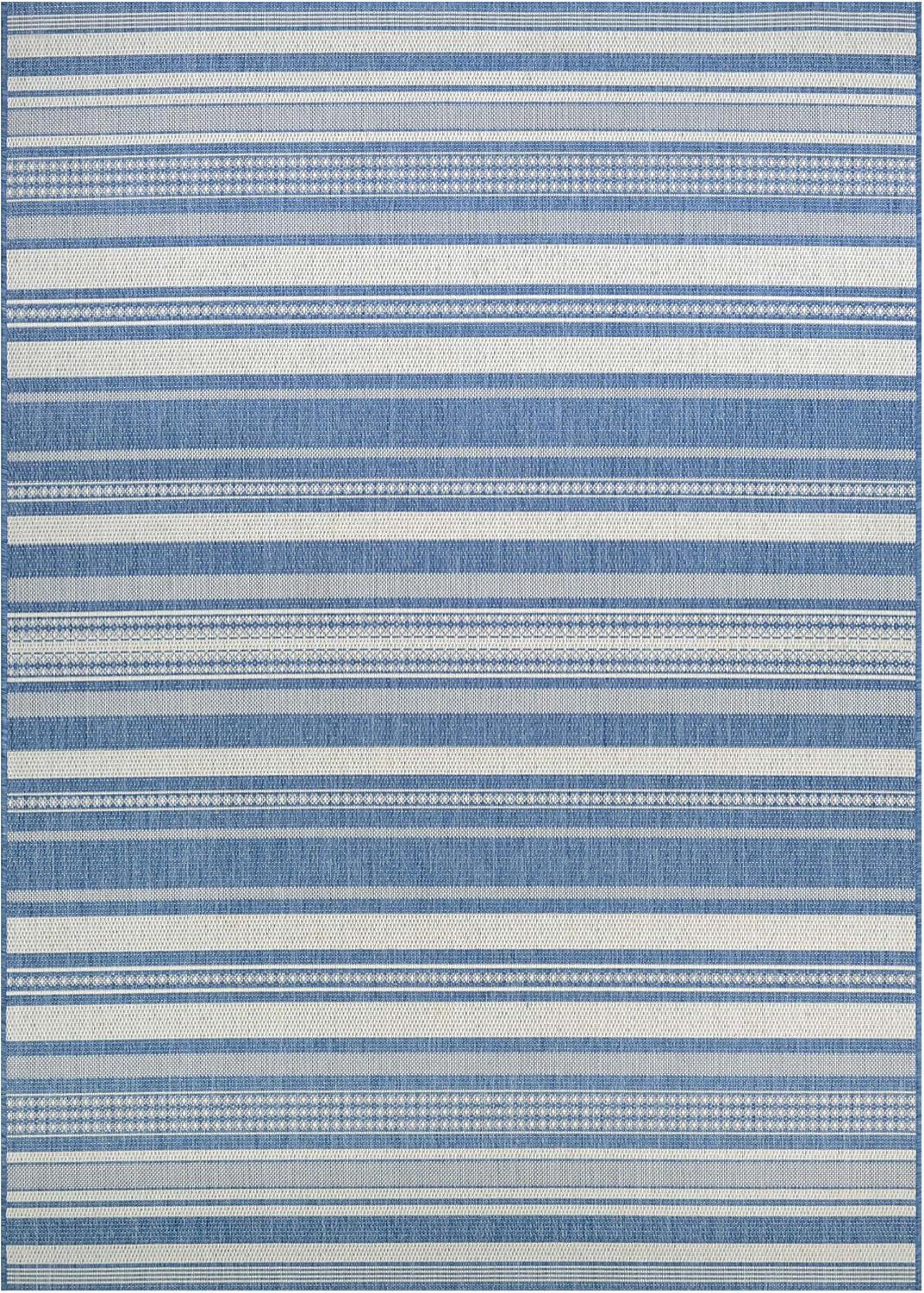 Champagne and Blue Striped 5' x 7' Flat Woven Area Rug