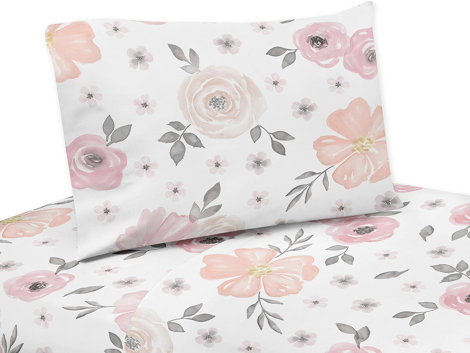 Sweet Jojo Designs Queen Sheet Set Watercolor Floral Pink Grey and White 4pc