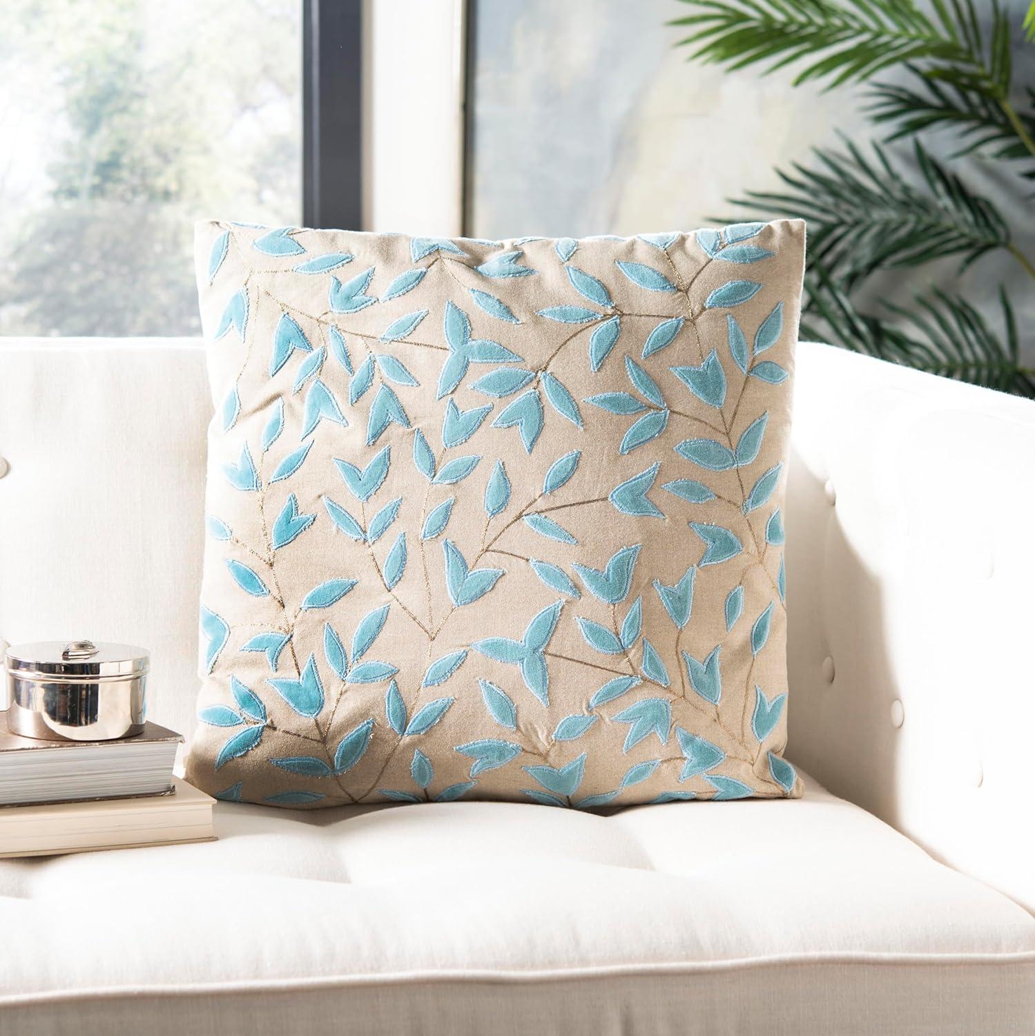 Beige and Blue Embroidered Cotton Floral Pillow, 20" x 20"